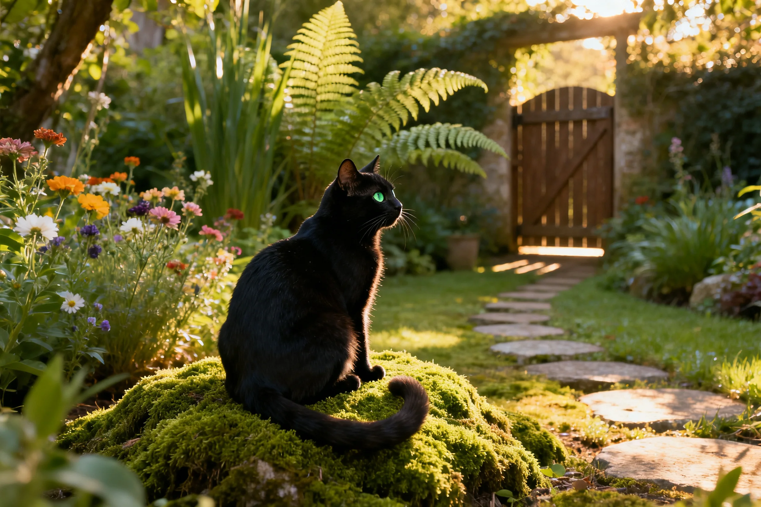 短毛黑猫有着翠绿色的眼睛，正安静地坐在花园的苔藓堆上。
