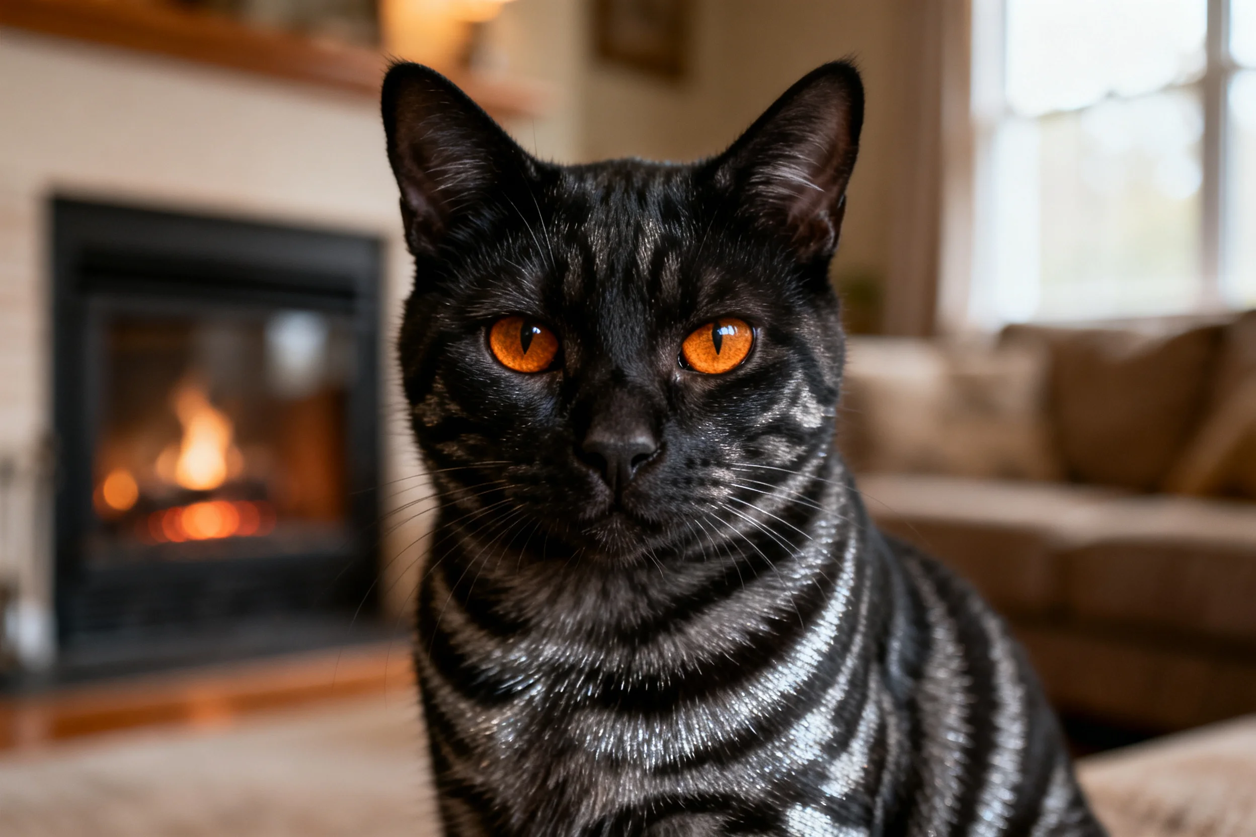 这是一只英国短毛猫,拥有黑银相间的毛发和明亮的橙黄色眼睛,正安静地注视前方。