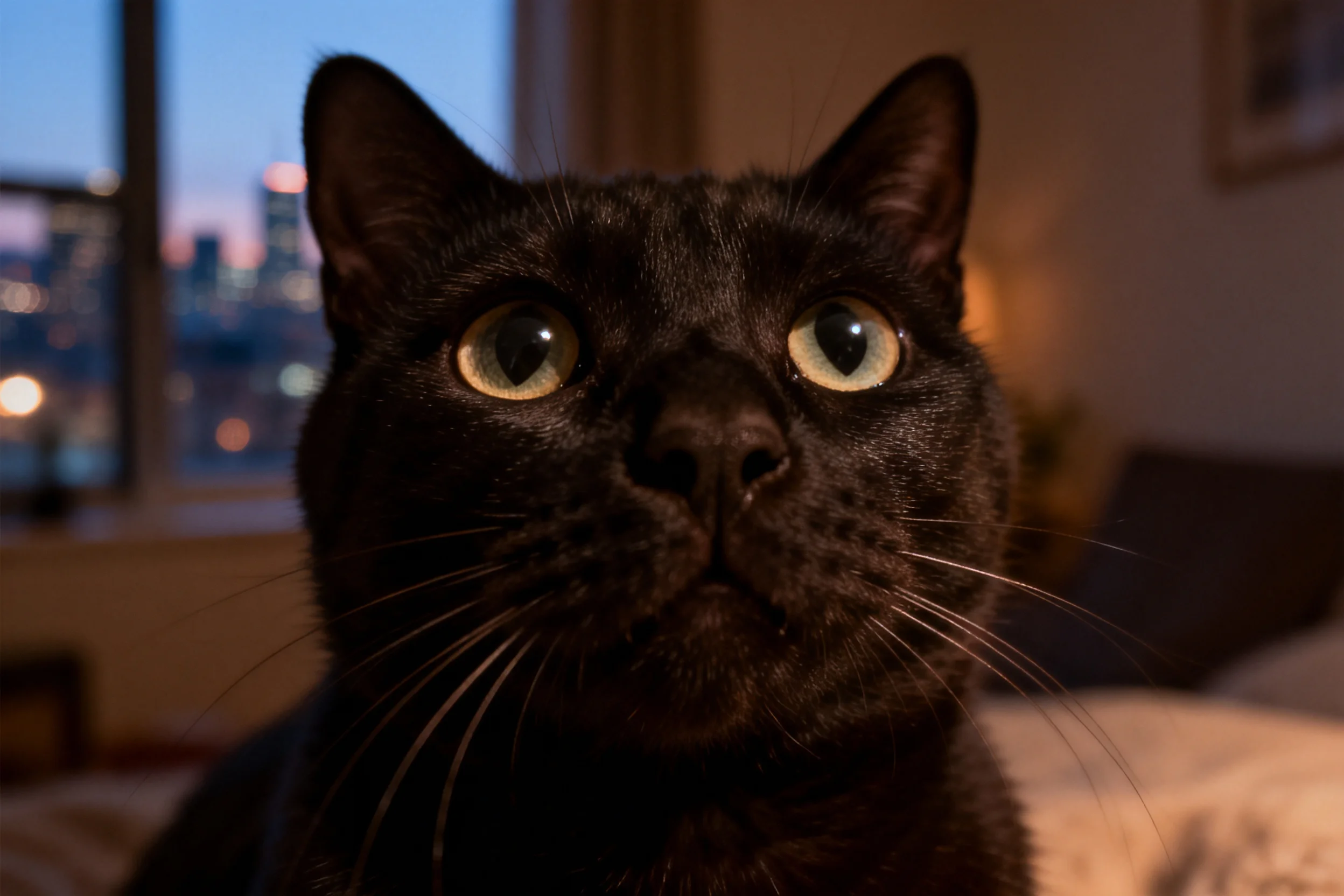 黑色短毛猫仰视镜头,明亮眼睛与黑色皮毛形成鲜明对比,胡须清晰可见。
