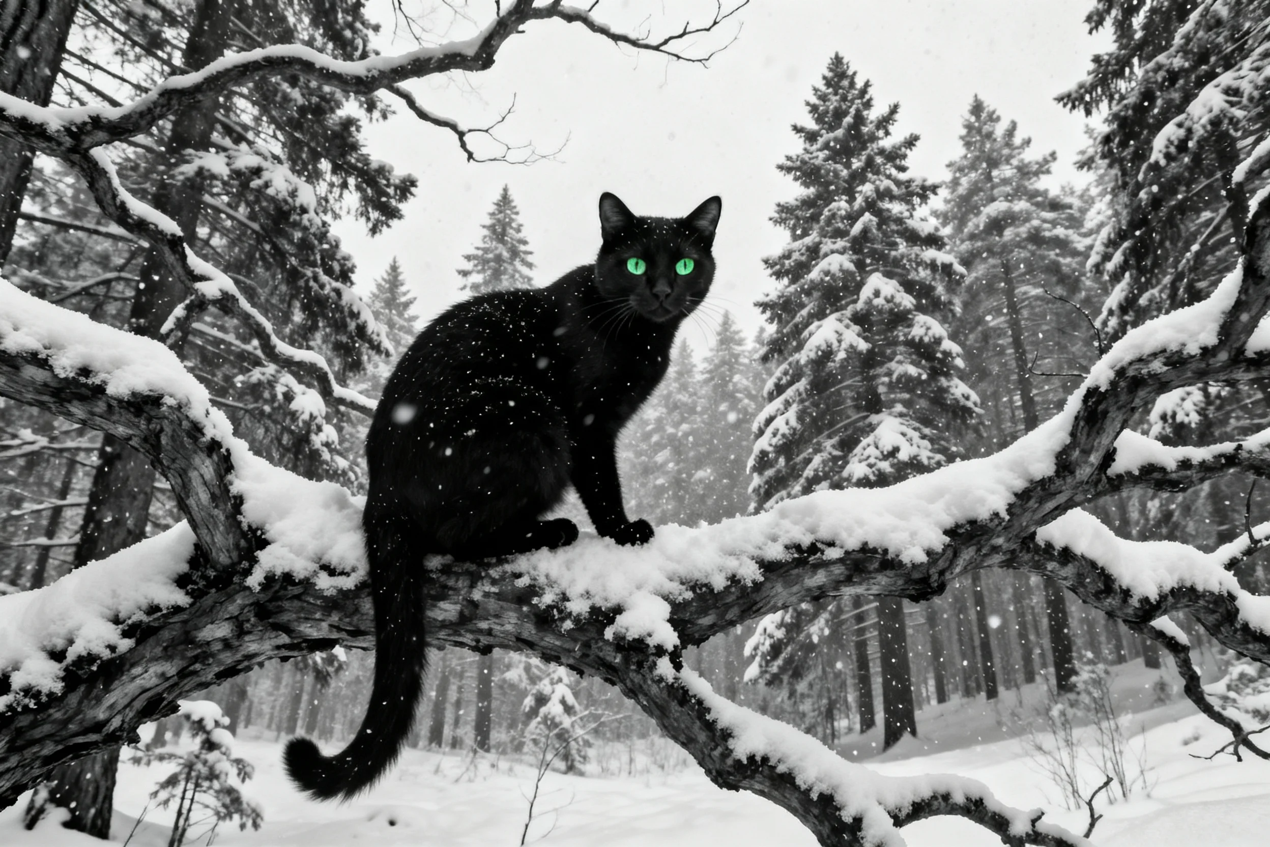 一只短短毛家猫正坐在积雪覆盖的树枝上,明亮的绿色眼睛清晰可见。