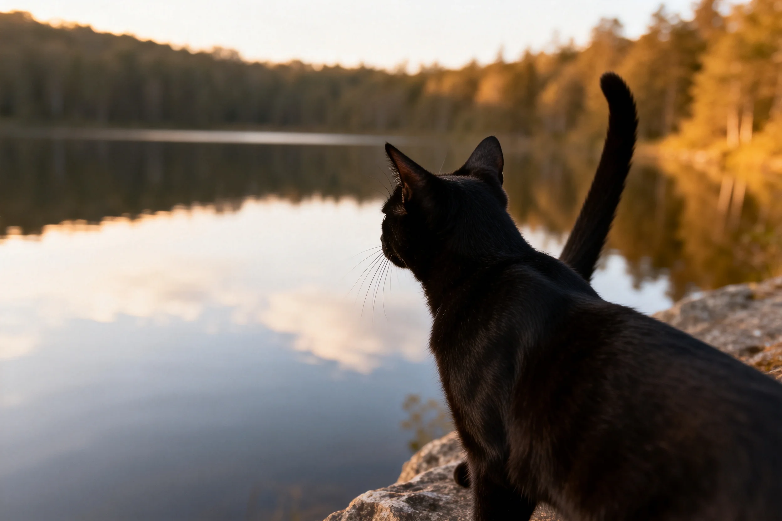 短毛家猫的黑色皮毛在夕阳下显得光滑有光泽,尾巴高高扬起。
