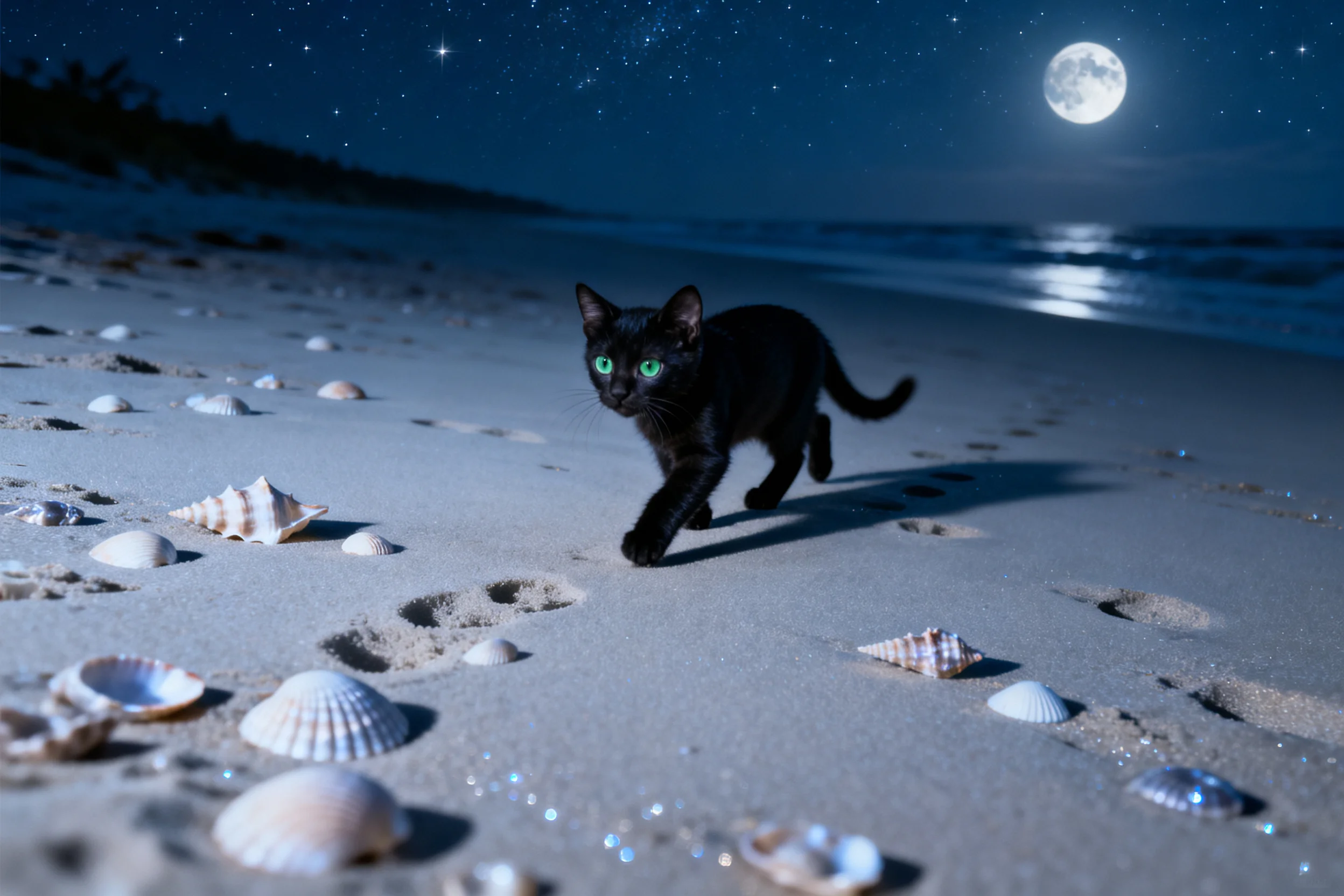 短毛黑猫,绿色眼睛注视前方,行走在沙滩上,周围散落着各类贝壳。