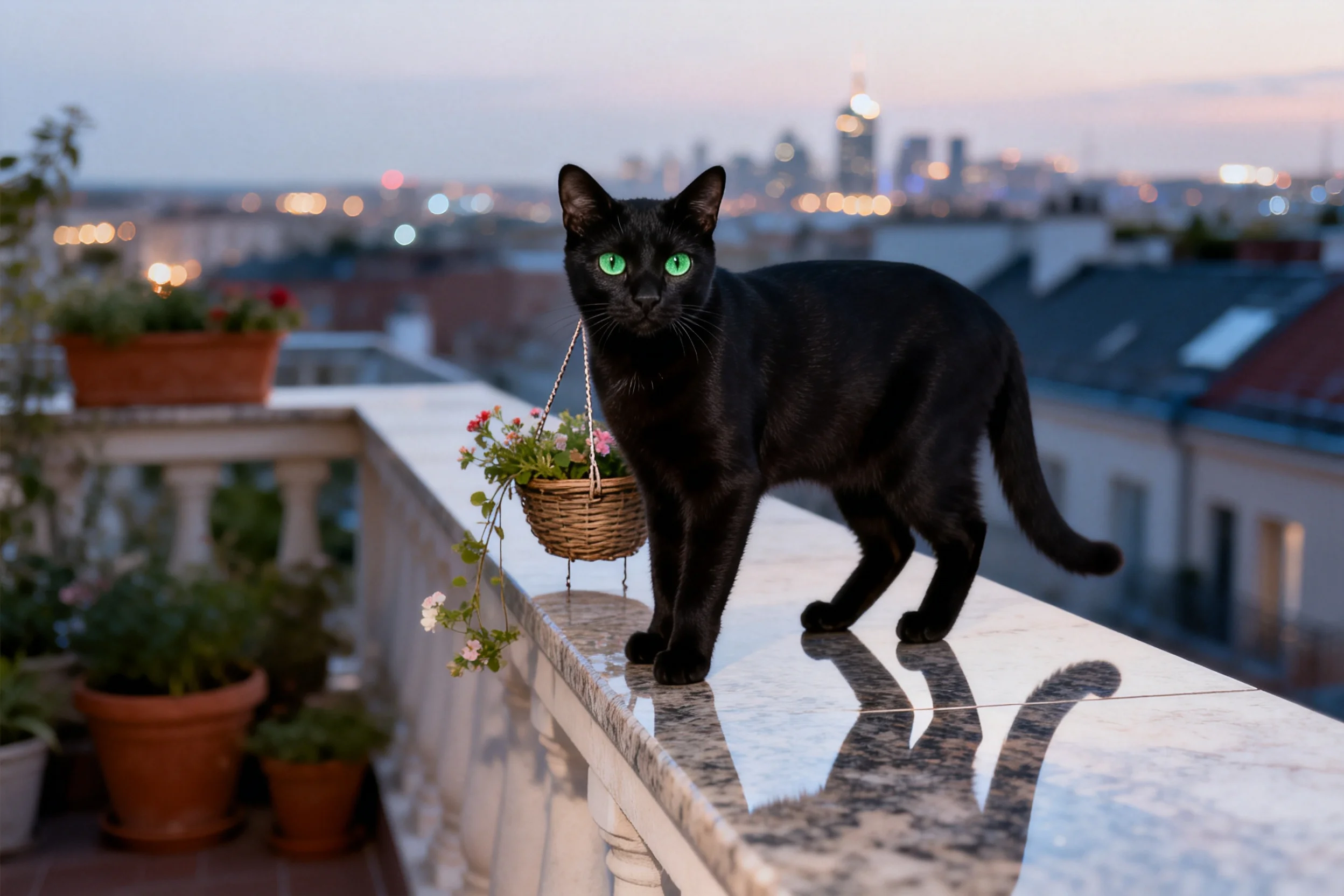 一只短毛黑猫站在阳台大理石栏杆上,拥有乌黑被毛和绿色眼睛,周围有花卉装饰。