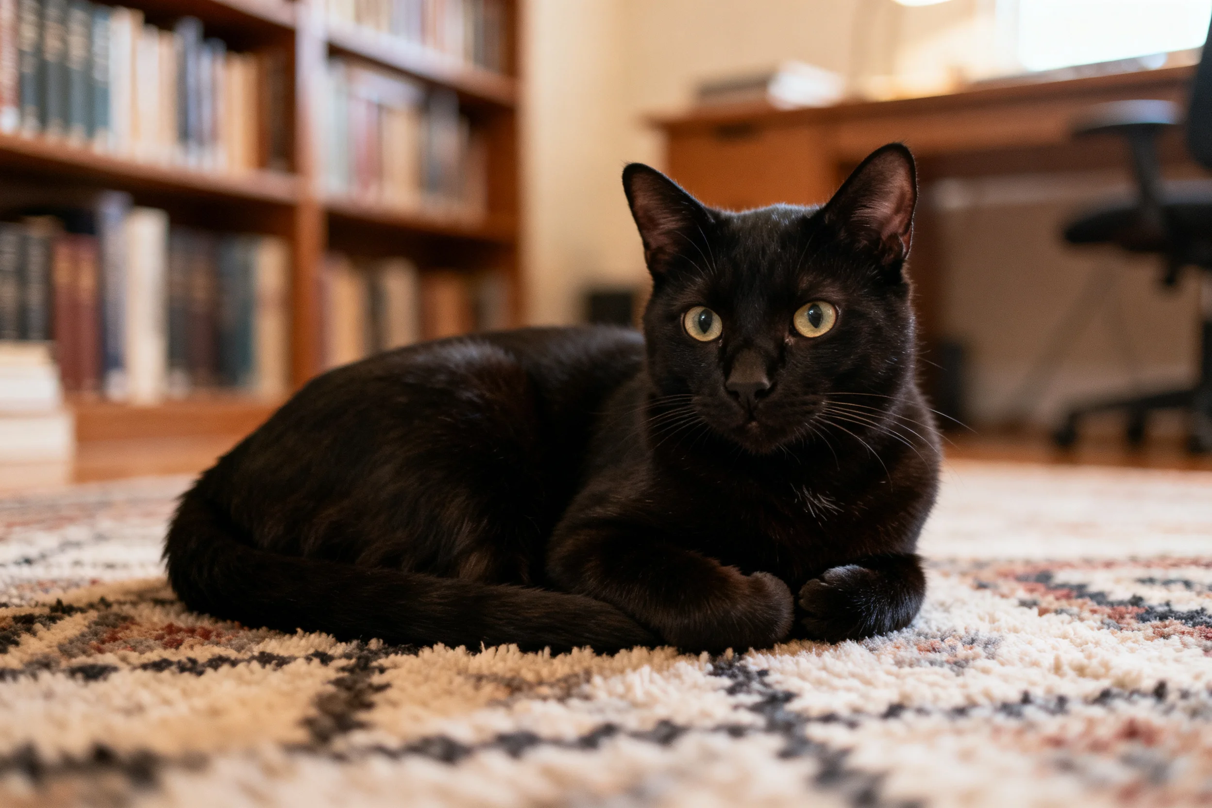 短毛家猫有着乌黑的被毛和明亮的绿色眼睛，正安静地趴在室内地毯上。