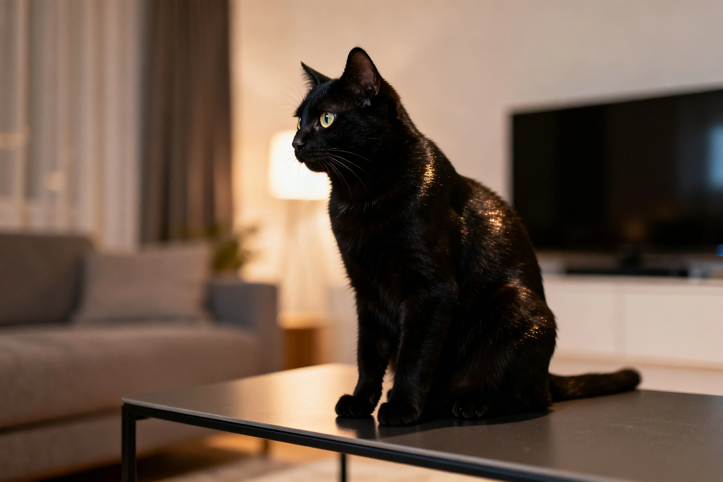 现代客厅中，一只短毛黑猫安静地坐在金属桌面上，它那乌黑的皮毛在暖光下泛着光泽，澄澈的绿色眼睛专注地朝向一侧。
