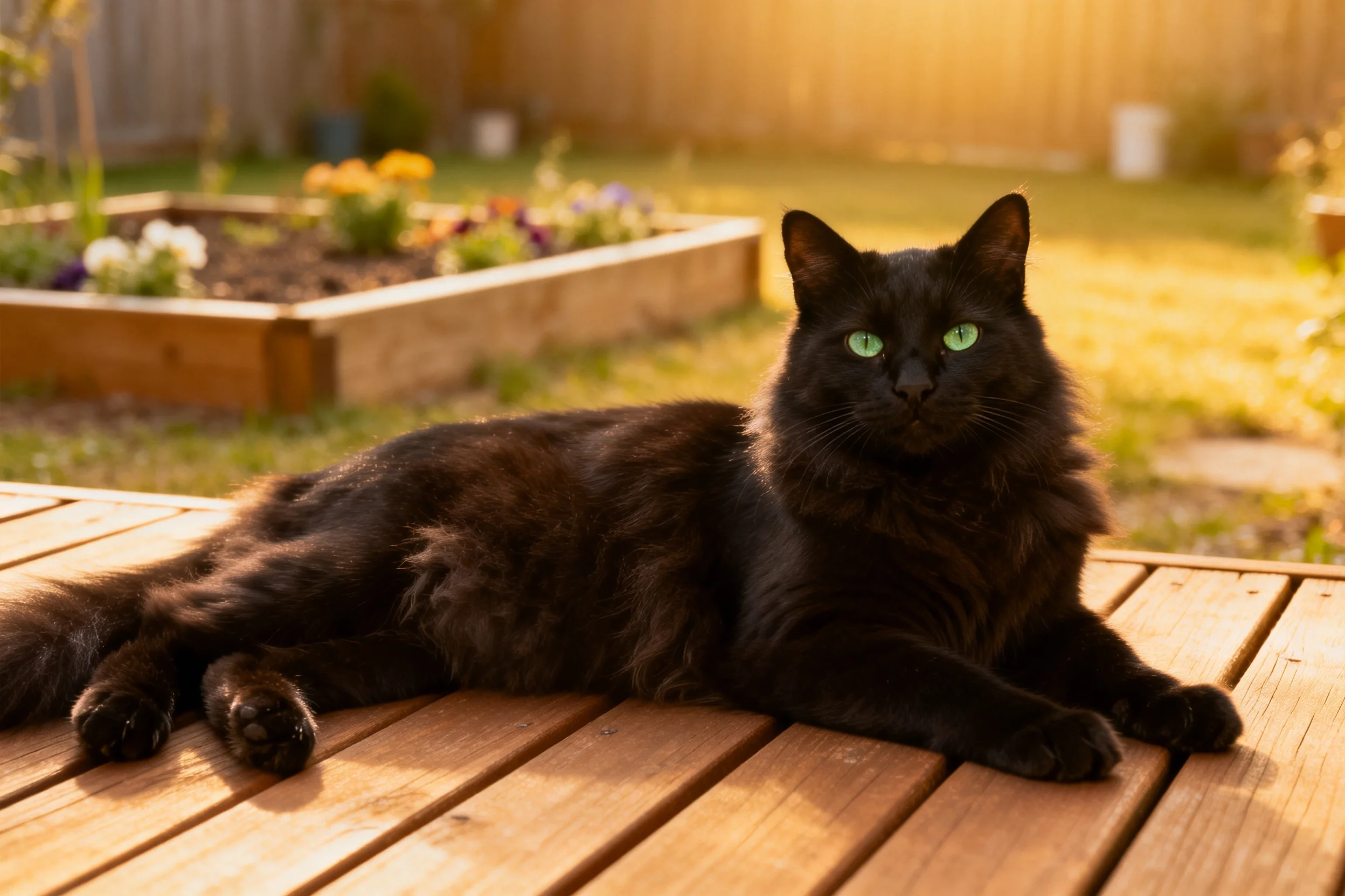 长毛黑猫有着蓬松的黑毛和明亮的绿色眼睛,正安静地趴在木质平台上。