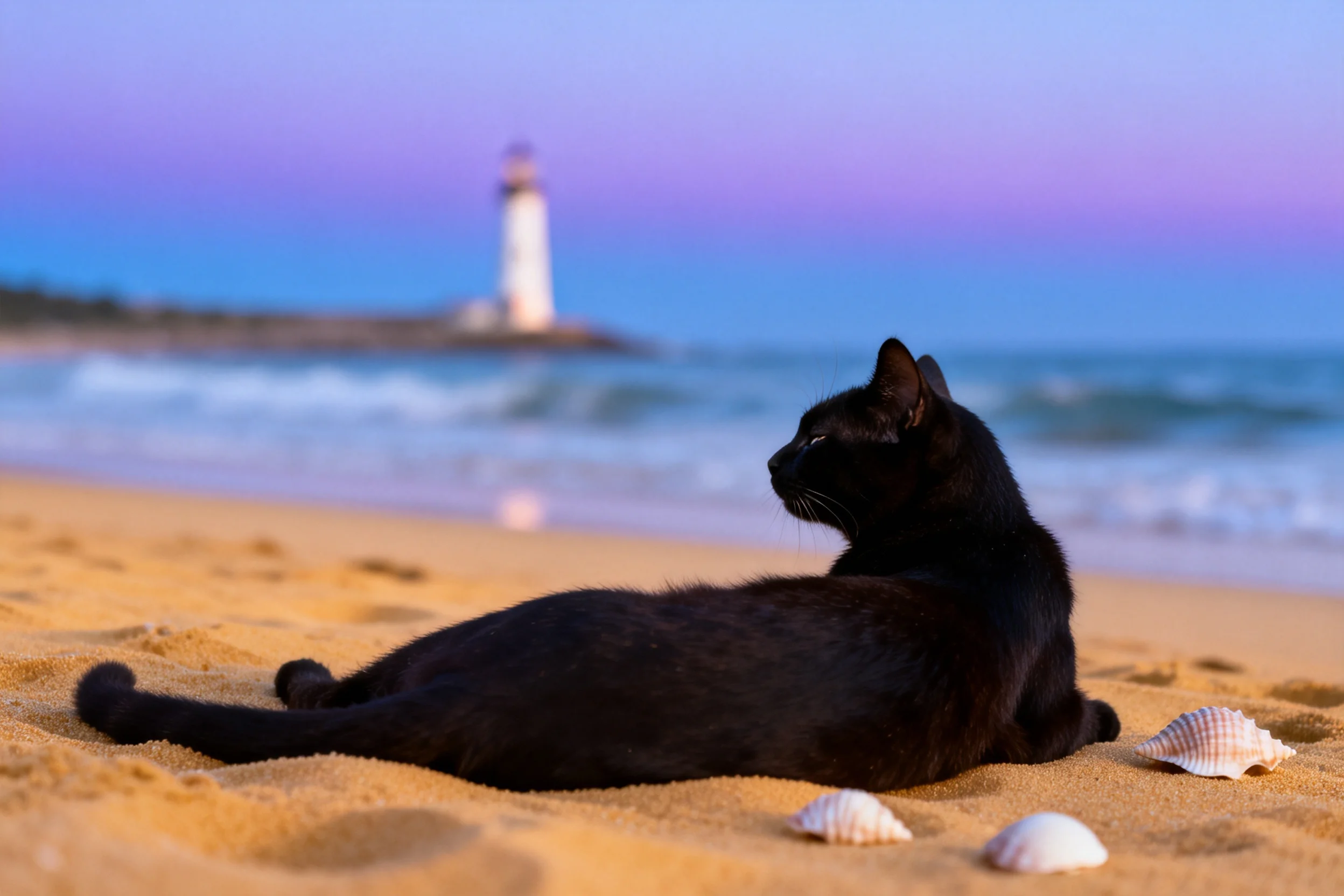 短毛黑猫皮毛光滑躺在沙滩上,周围有几只贝壳,背景是海洋与灯塔。