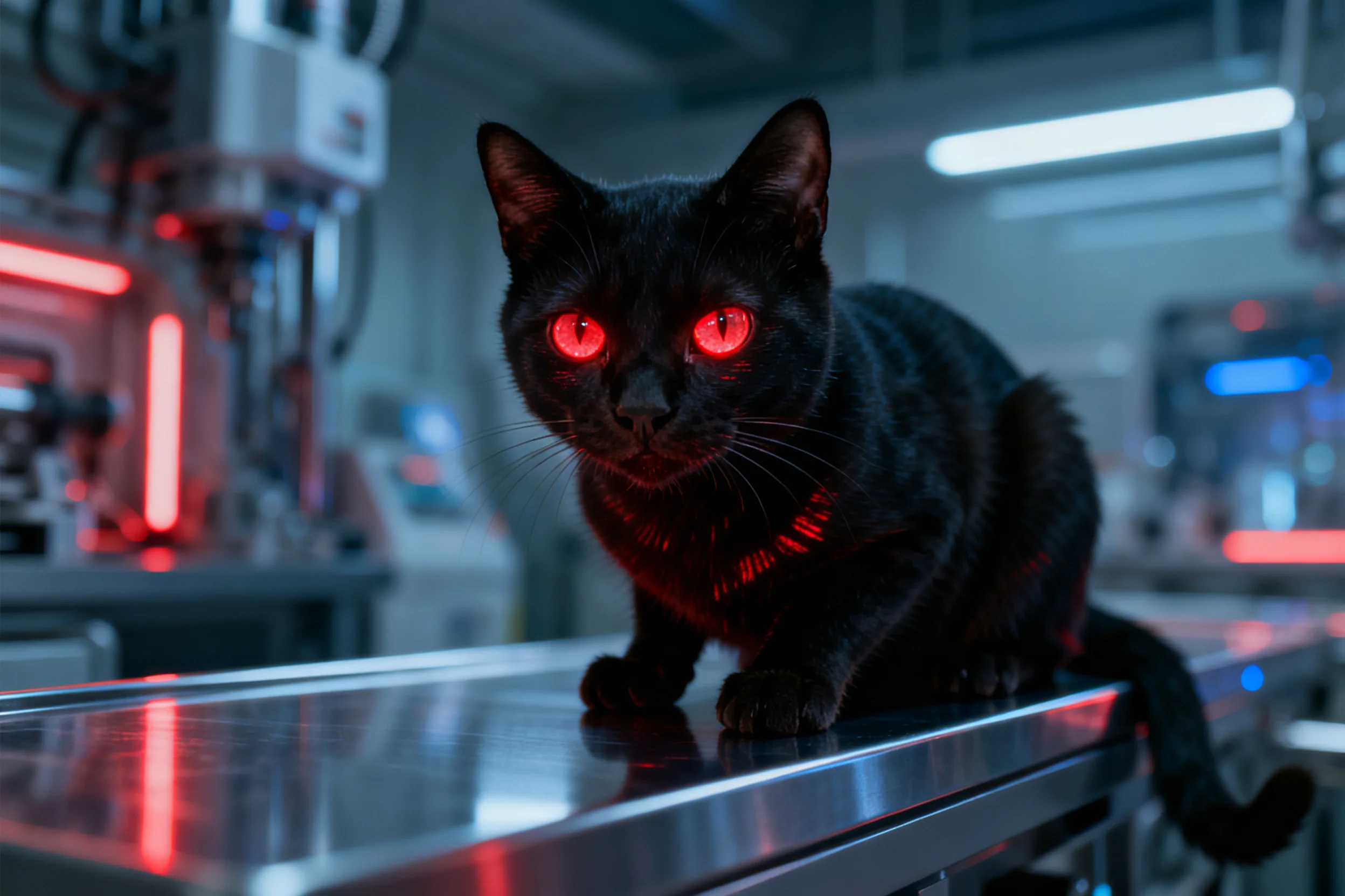 短毛黑猫双眼发出红光,安静趴在光滑的金属工作台上,周围是现代化实验室设备。