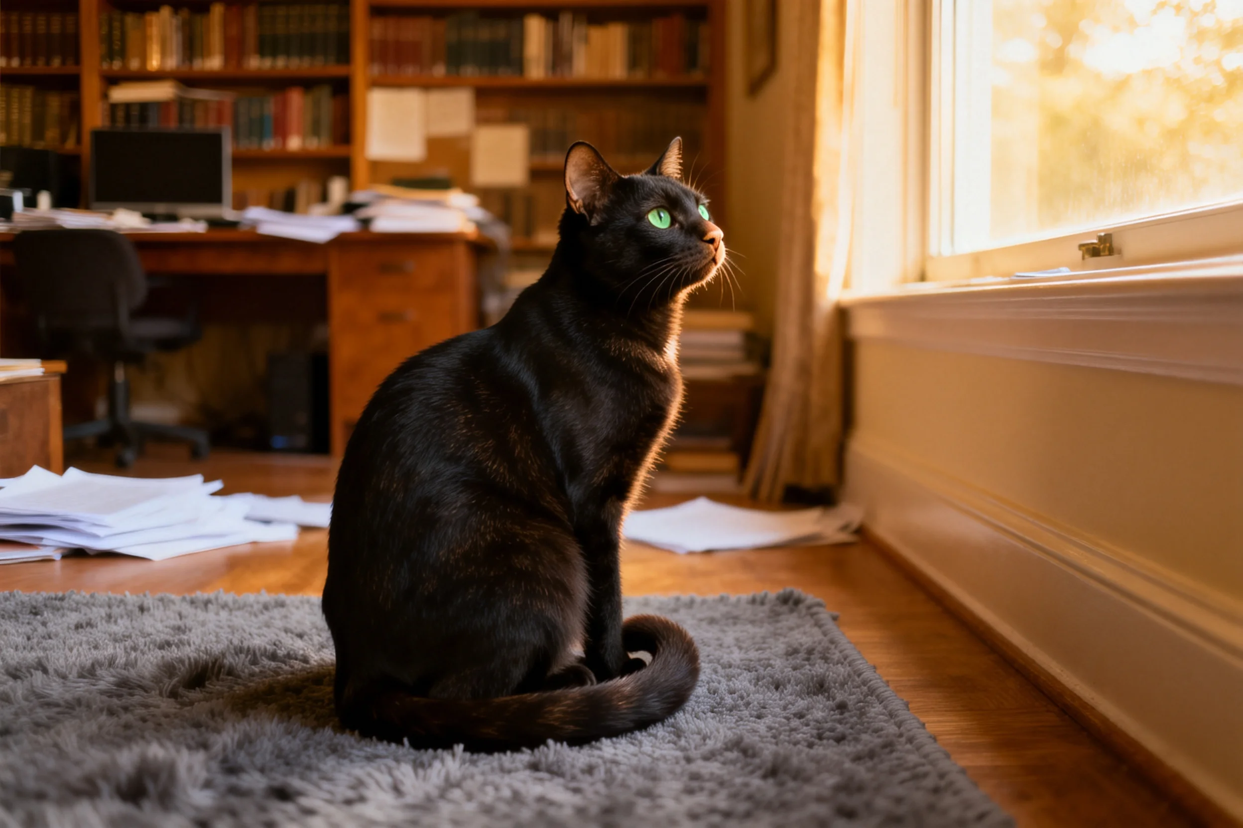 短毛玳瑁猫目光专注凝视窗外,皮毛乌黑带有浅棕色斑纹。