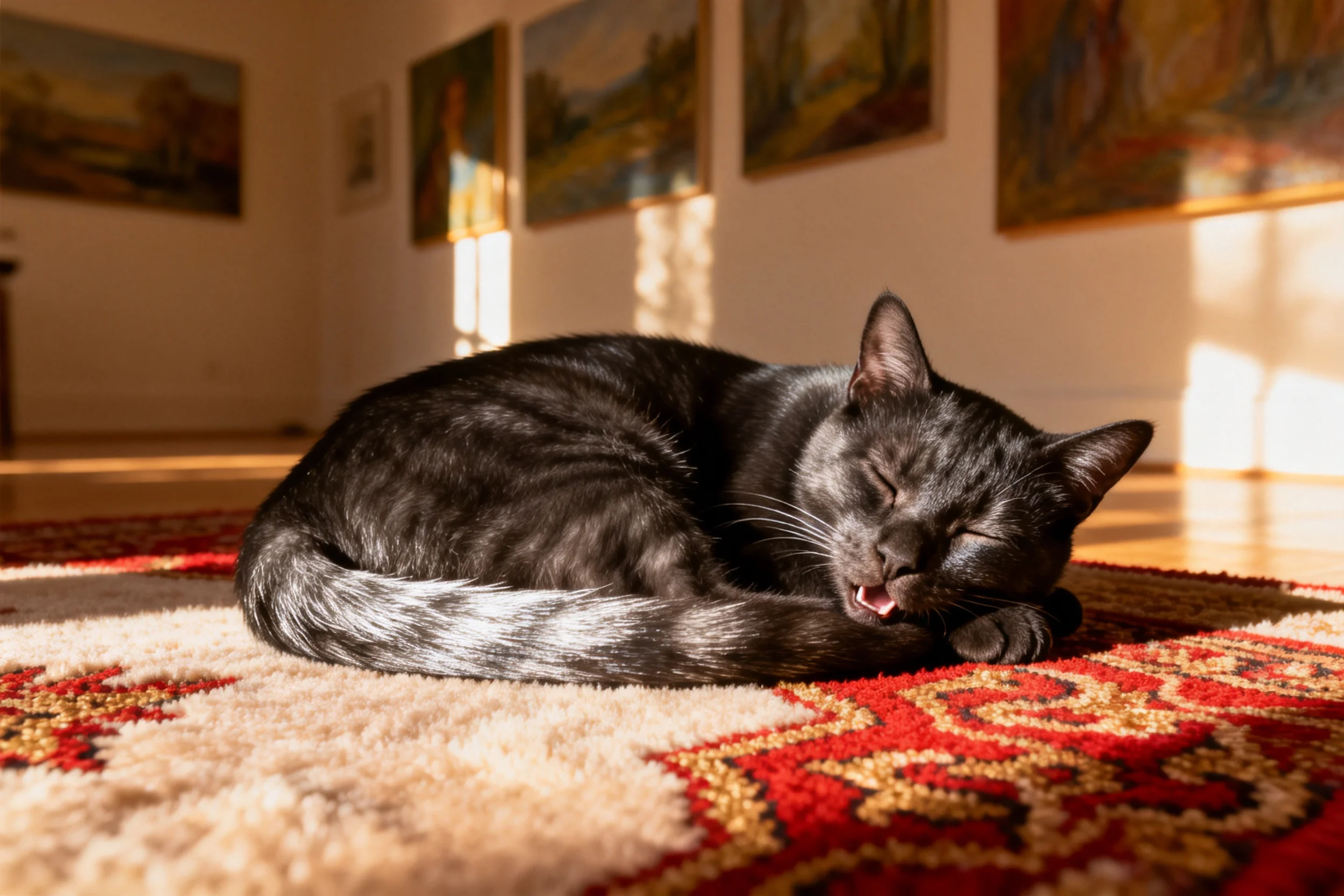 一只短毛黑猫正蜷卧在地毯上,黑色的皮毛在阳光下清晰可见。