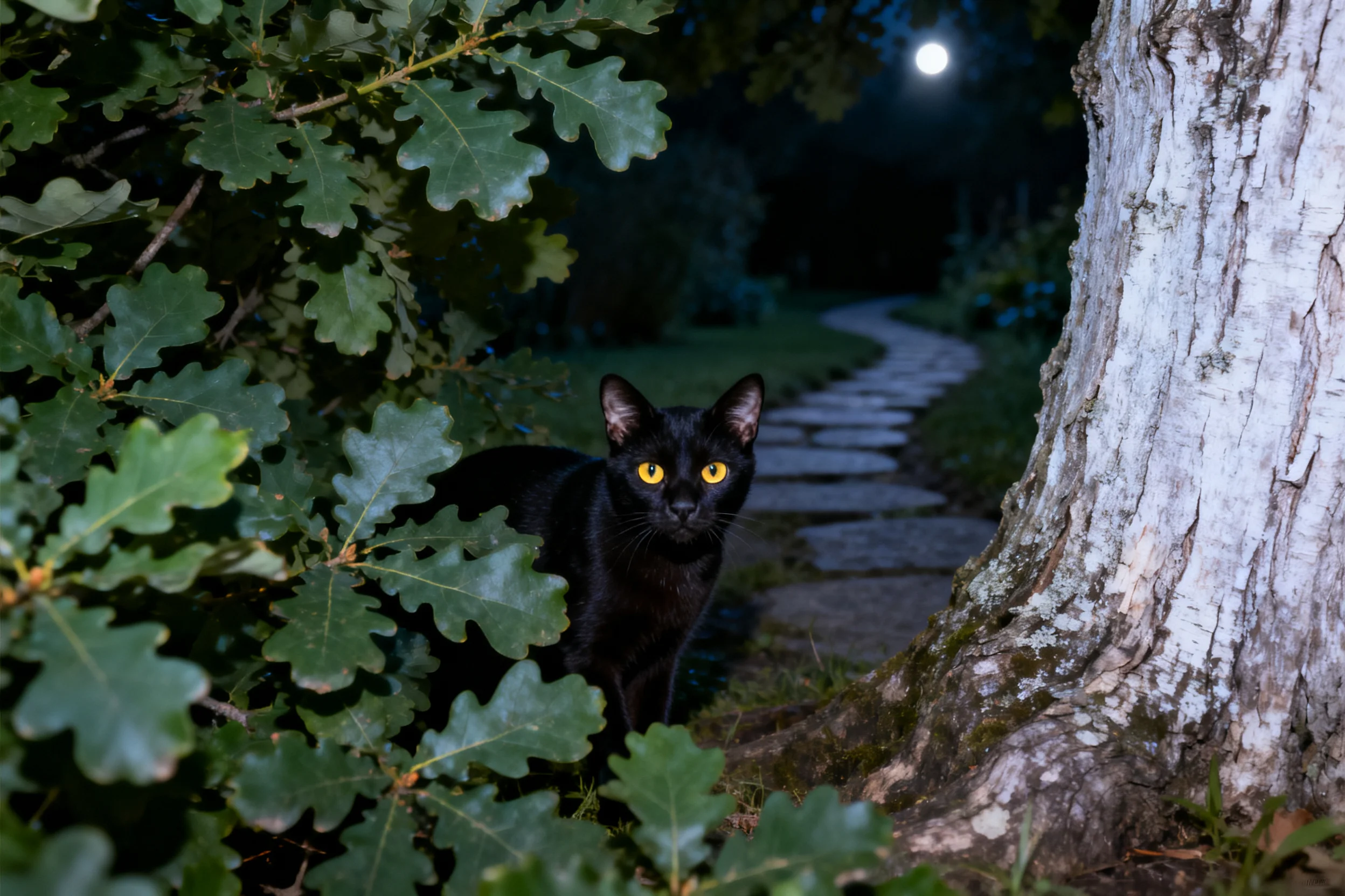短毛家猫在夜晚的橡树叶丛后,黄色眼睛明亮,黑色皮毛光滑有光泽。