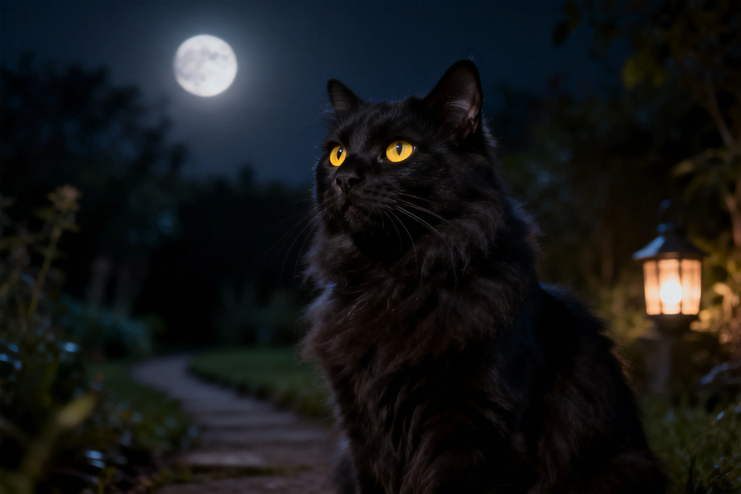 长毛黑猫有着明亮的黄色眼眸,蓬松柔软的长毛在月光下显得格外醒目。