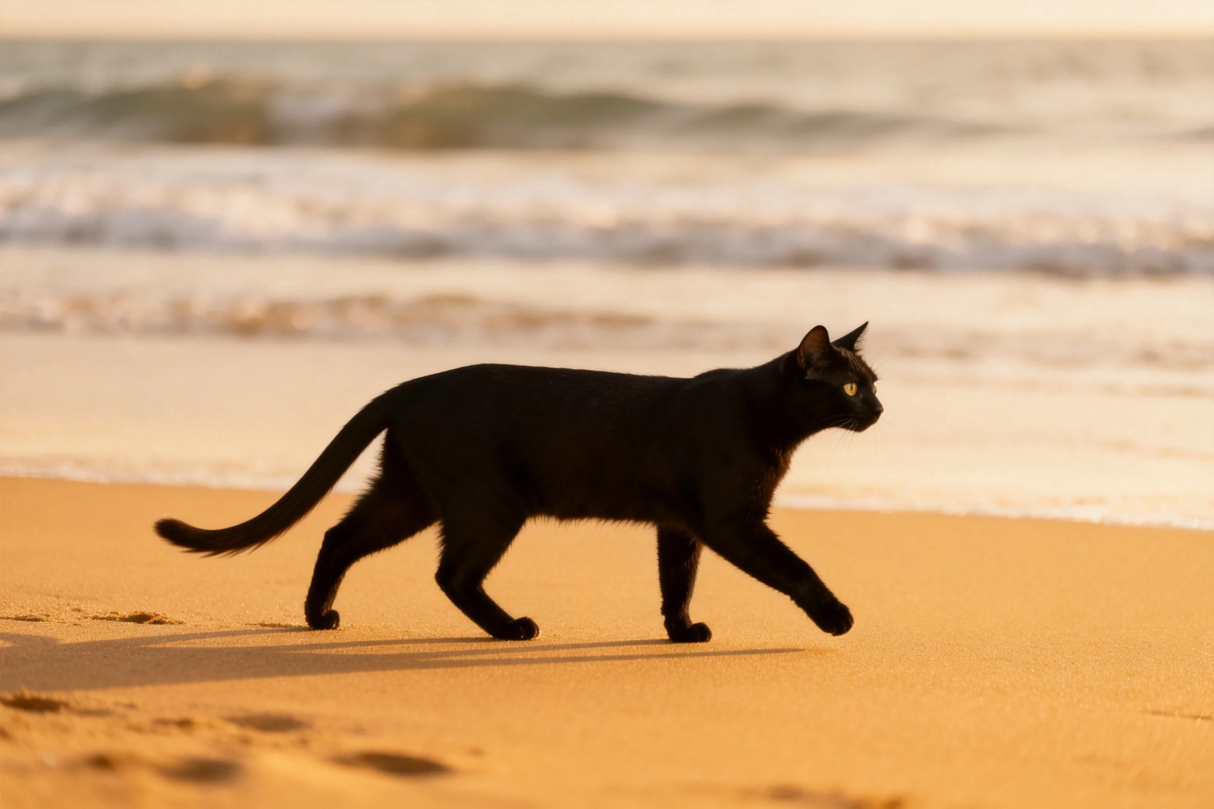 一只短毛黑猫在沙滩上行走,黑色的毛发在阳光下清晰可见。