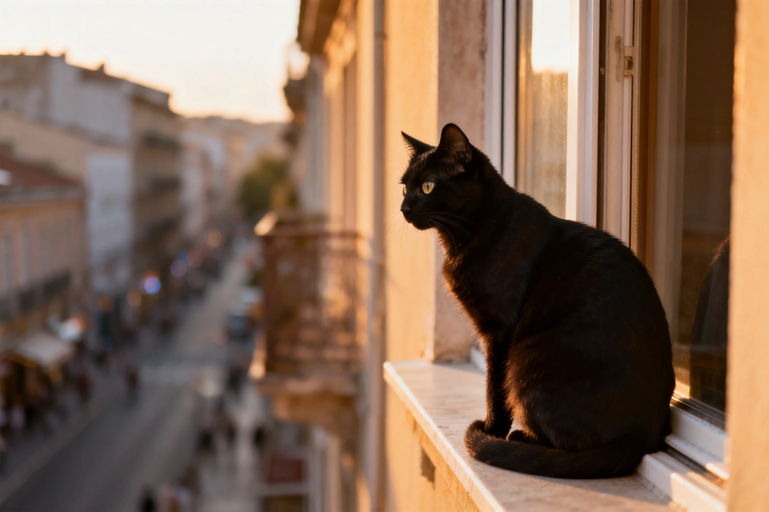 一短毛黑猫坐在城市阳台窗台上,黑色的皮毛在夕阳下泛着光泽,目光专注地看向远处街道。