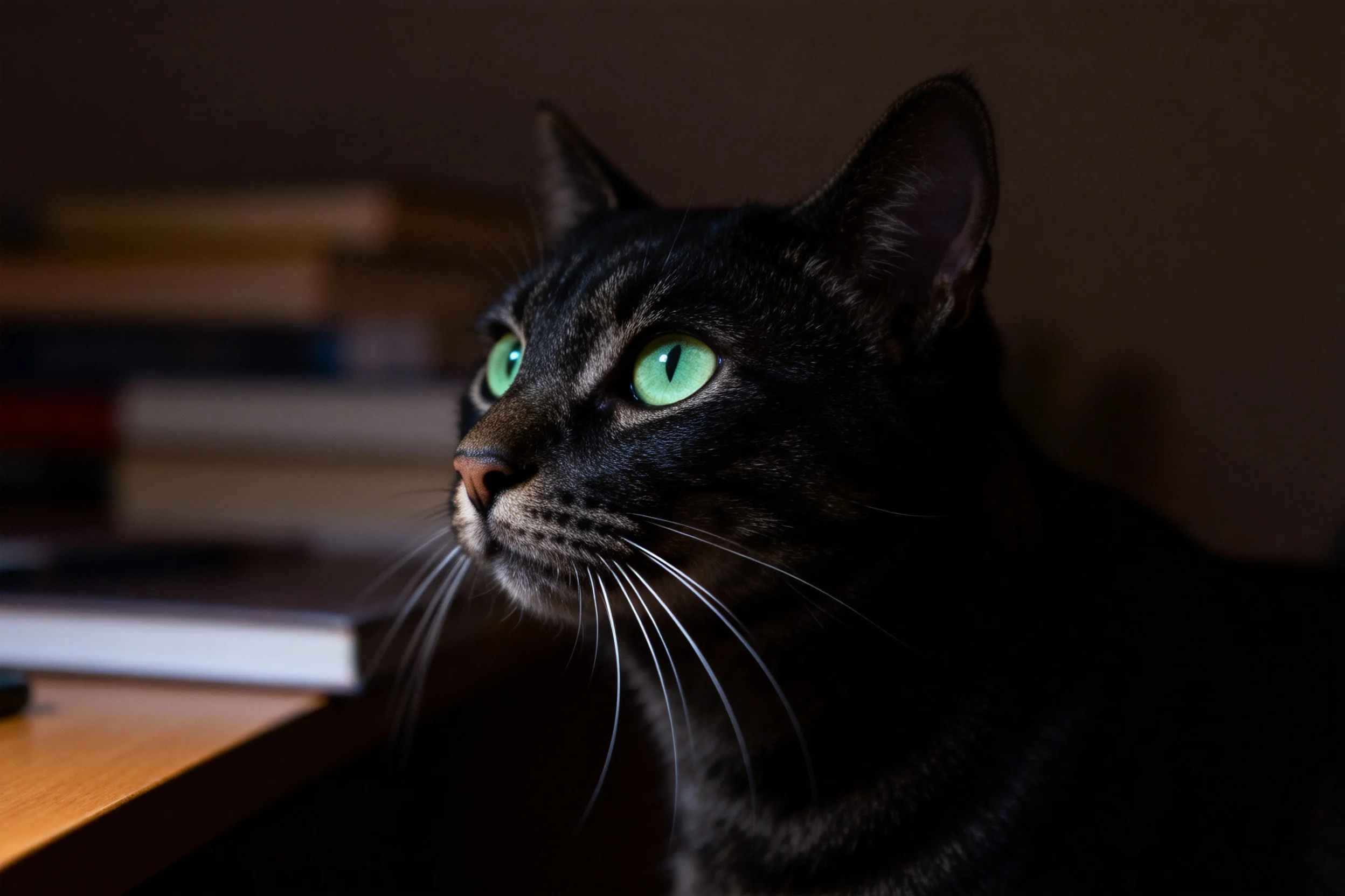 短毛虎斑猫有着黑色带虎斑纹理的被毛和明亮的绿色眼睛,胡须细长洁白。