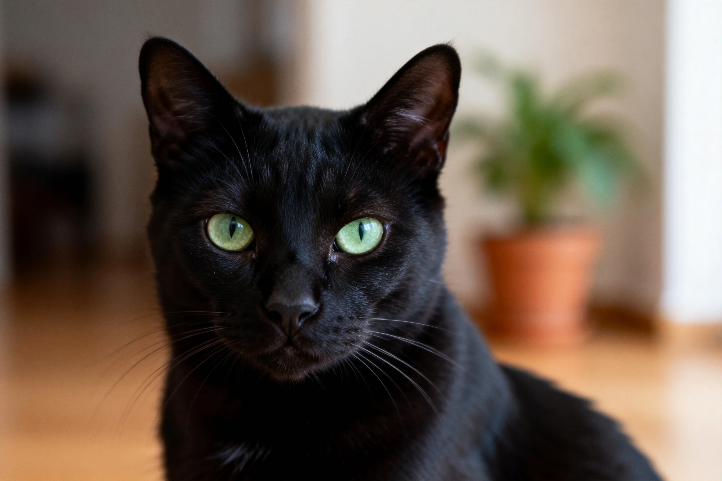 短毛黑猫有着明亮的绿色眼睛和乌黑光滑的被毛，胡须清晰可见。