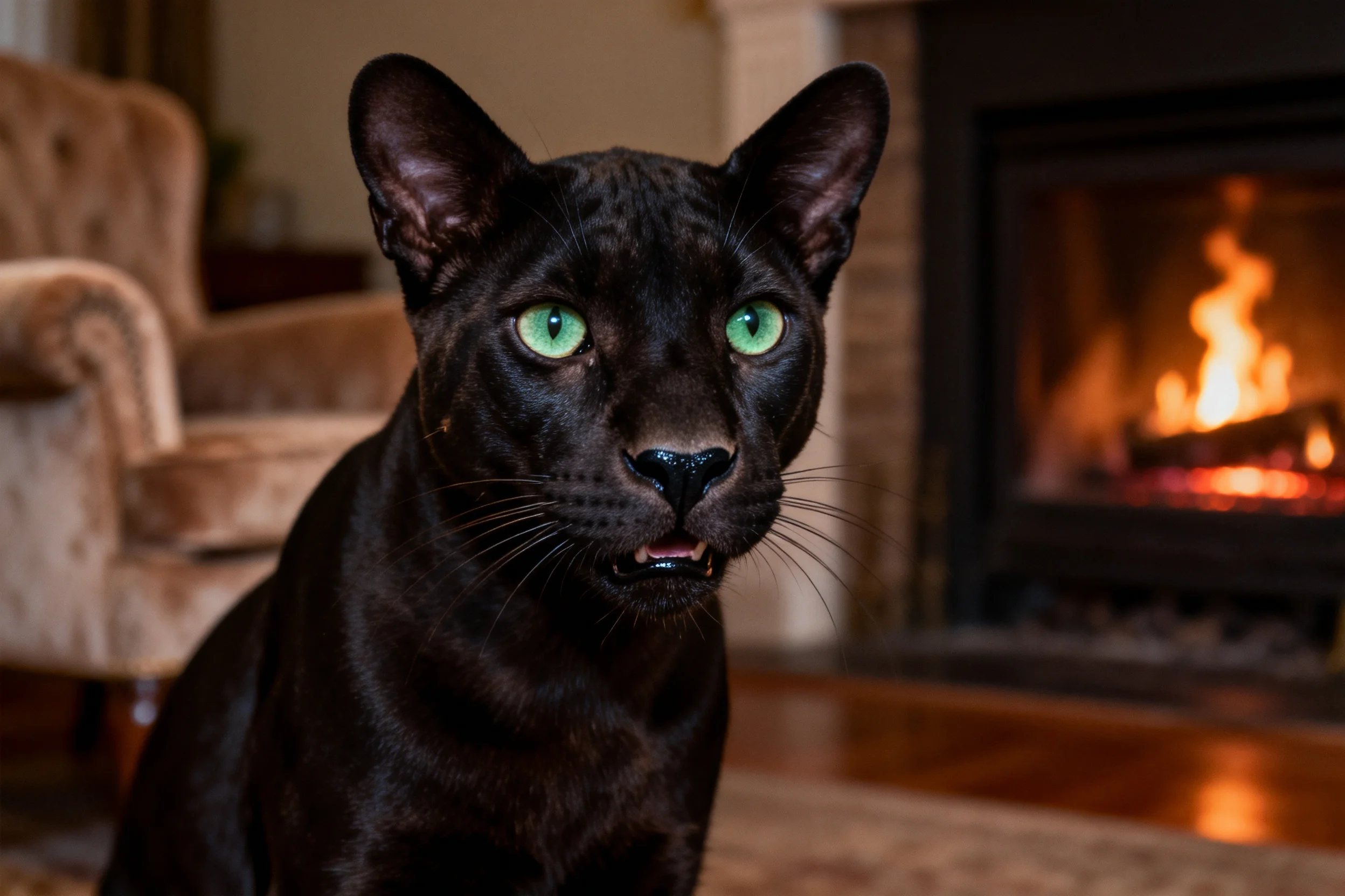 黑色猫有着绿色眼睛,短而顺滑的被毛在暖光下显得格外油亮。
