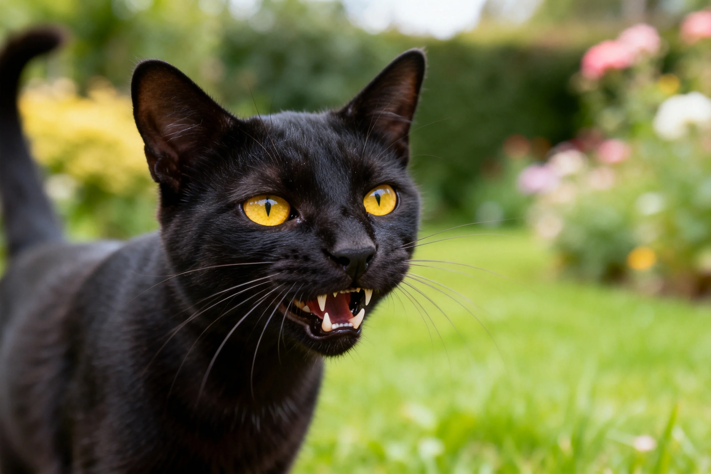 一只短毛黑猫,露出牙齿,黄色眼睛明亮,面部细节清晰可见。