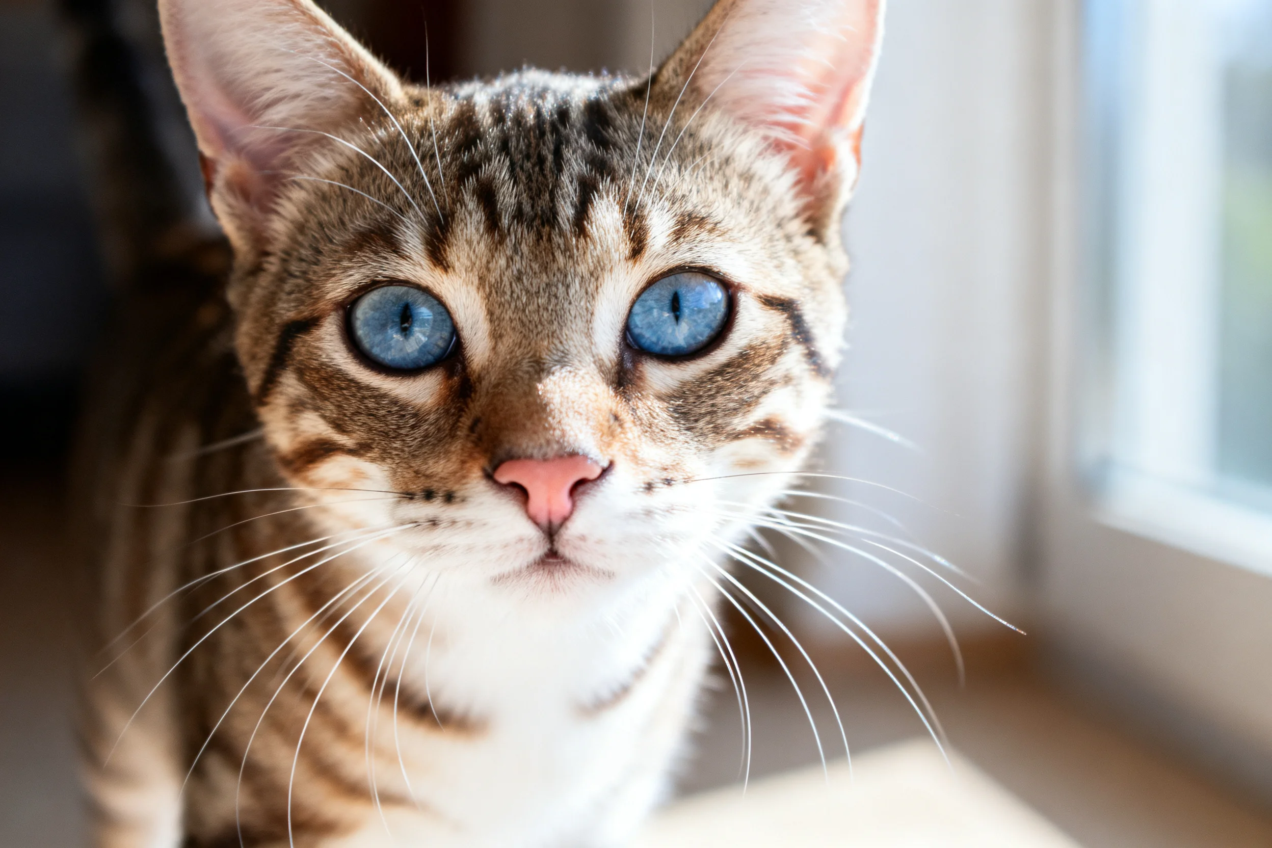 一只孟加拉猫,拥有蓝色眼睛和独特的斑纹皮毛,胡须清晰可见。