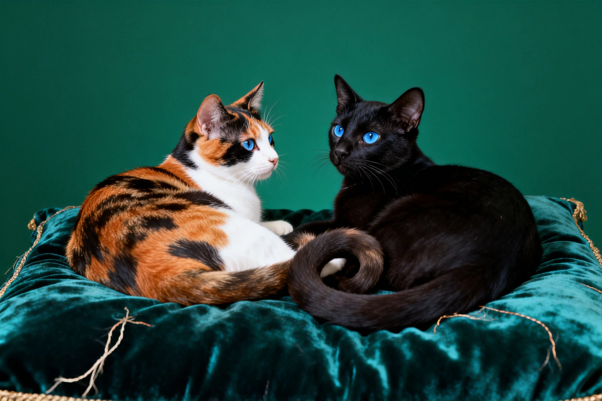 三色短毛猫与黑色短毛猫并肩躺卧,蓝眼睛清晰可见,毛发顺滑贴附在绒布垫上。
