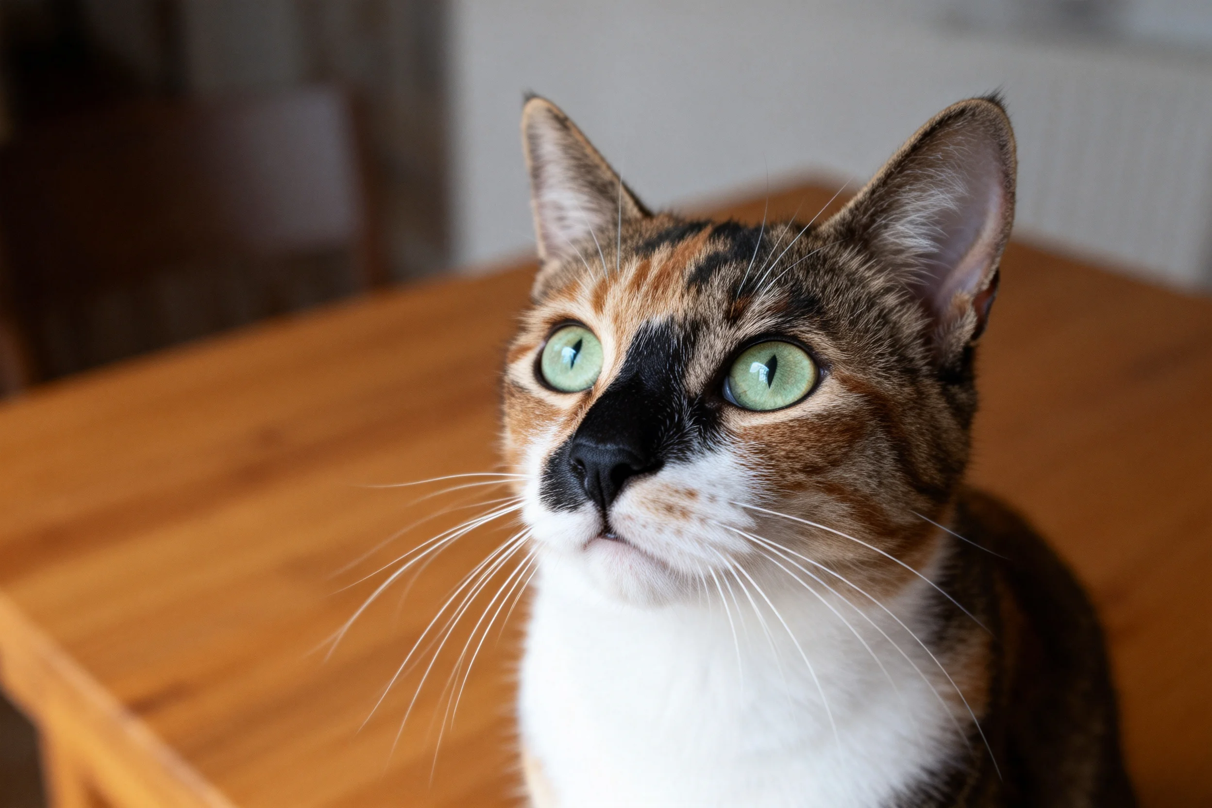 三色短毛猫拥有明亮的绿色眼睛和丰富棕、黑、白三色毛发,长长的白色胡须清晰可见。