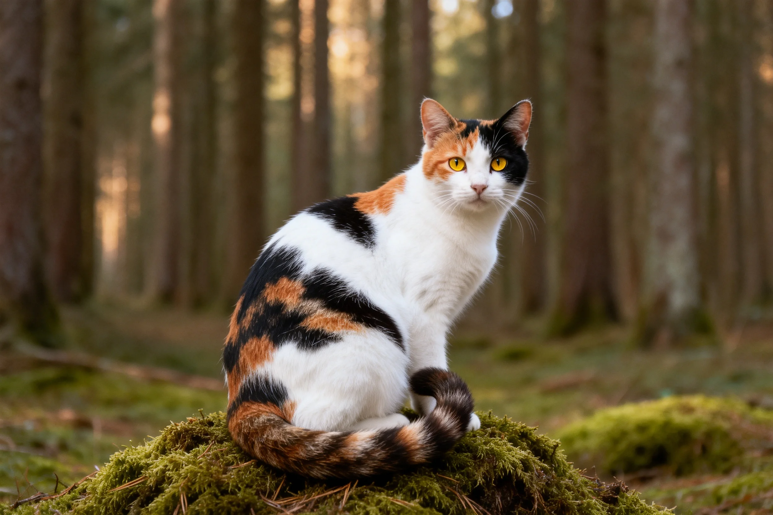 三色短毛猫有着明亮的黄色眼睛,正安静地坐在森林苔藓堆上,身上覆盖着黑、白、橙相间的毛发。