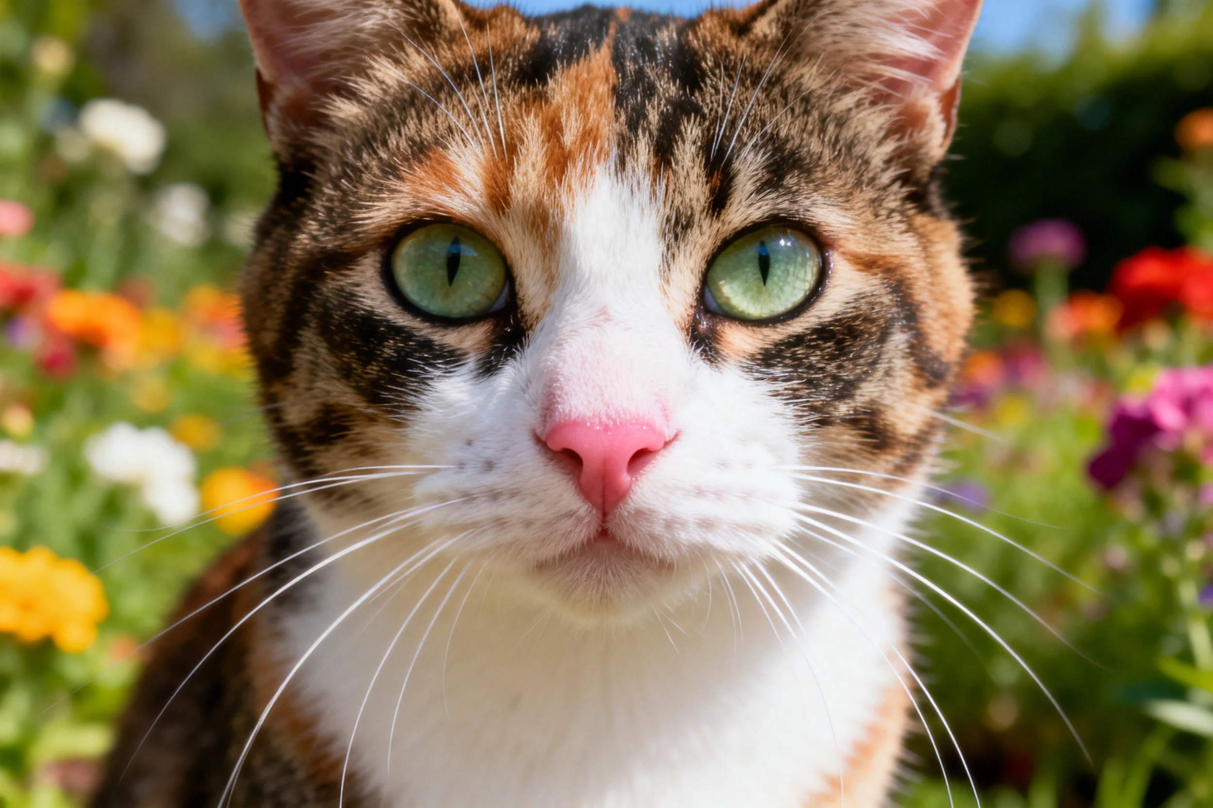 三色短毛猫拥有绿色大眼睛和粉色鼻头，毛发呈现出白色、棕色与黑色相间的图案。