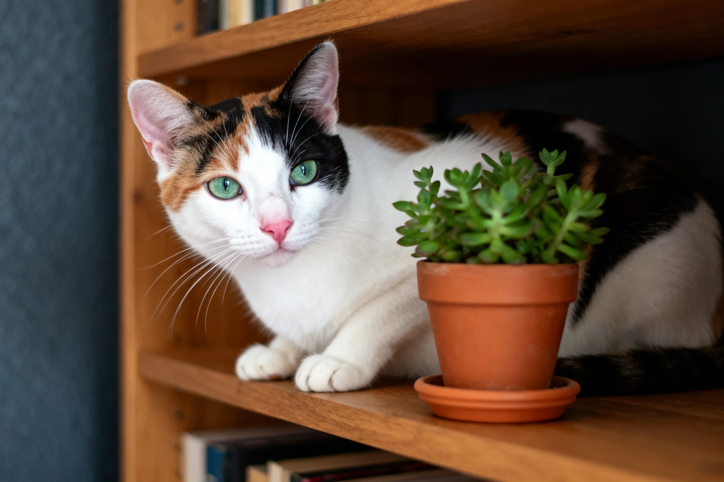 三色短毛家猫趴在木质书架上,身旁陶盆里的多肉植物叶片饱满,猫咪绿色眼睛注视前方。