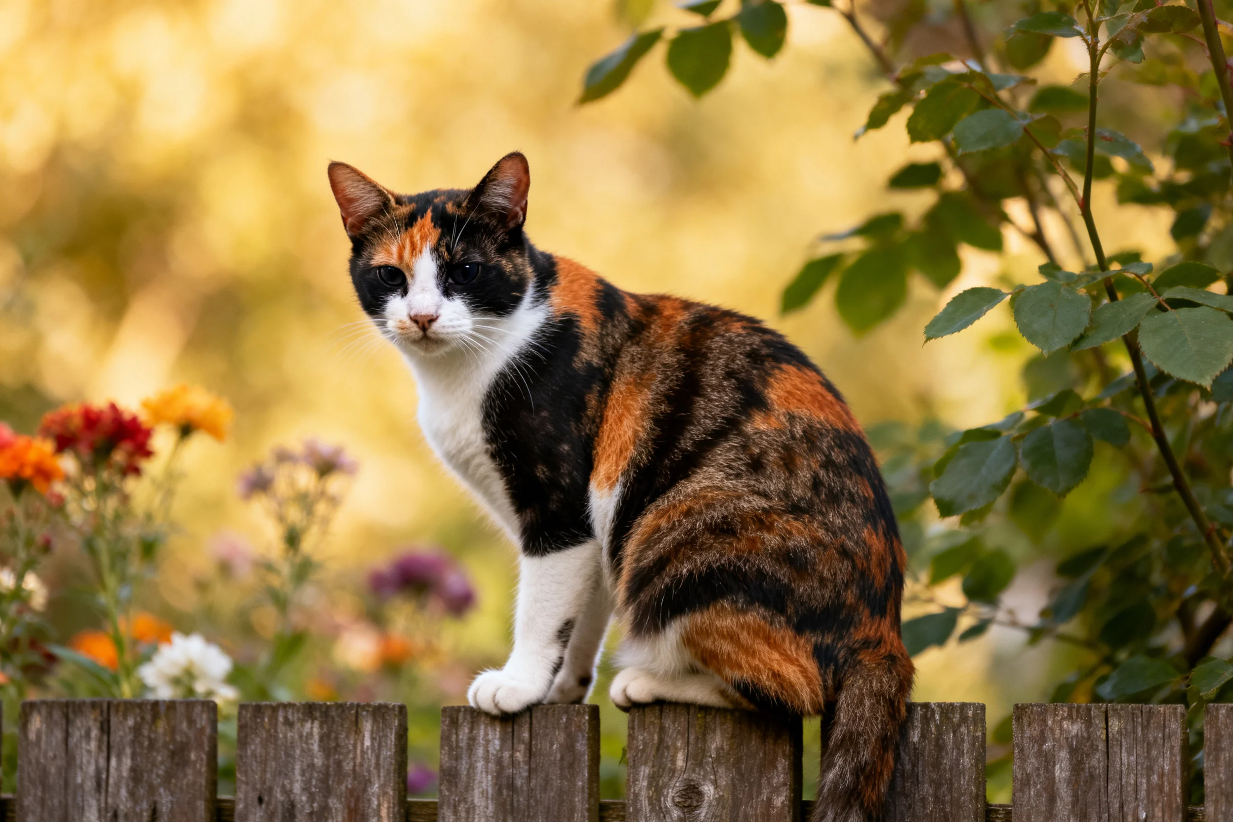 三色短毛家猫站在木栅栏上,有着黑橙白相间的毛皮,前爪搭在木栅栏上,眼神专注。