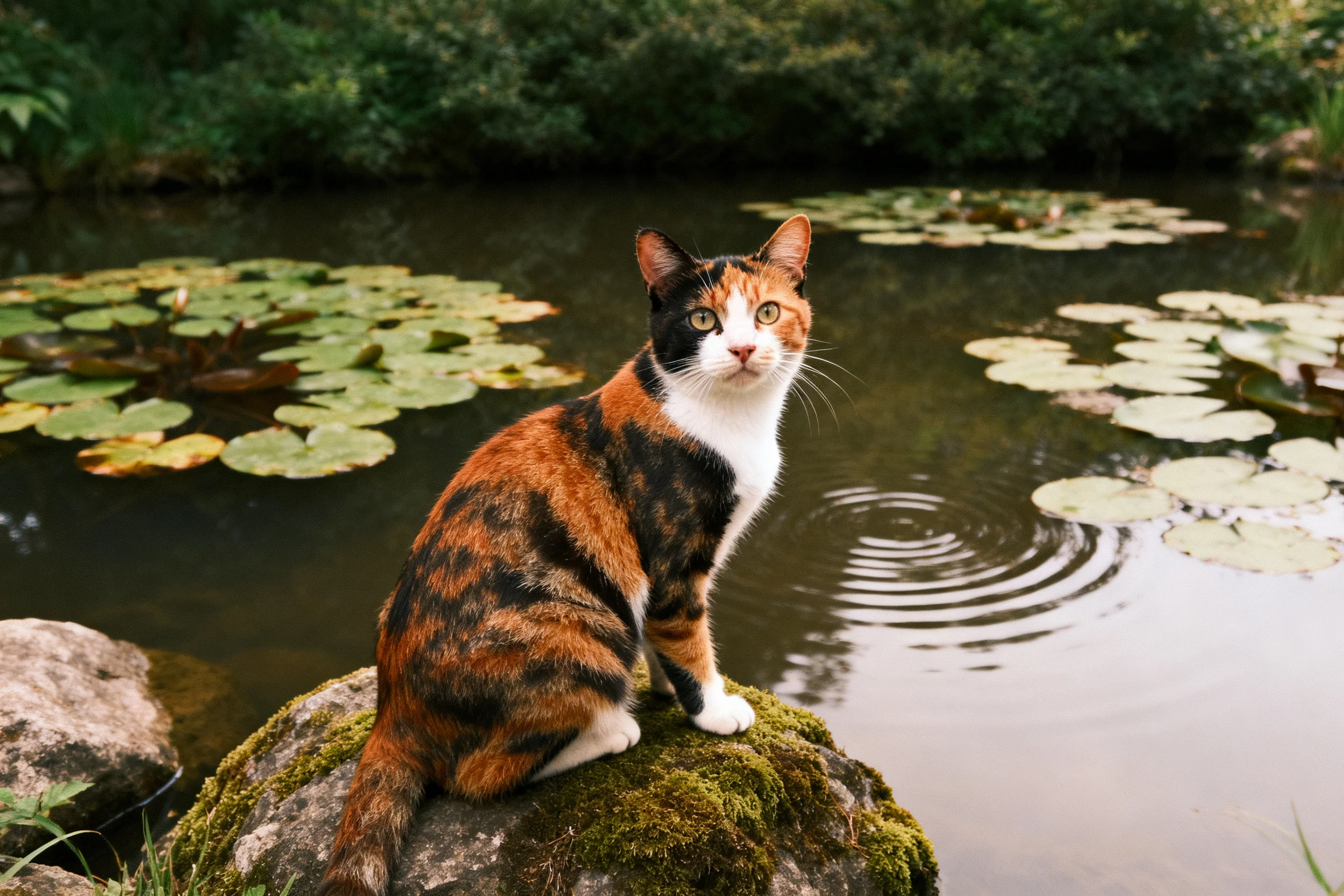 三色短毛猫安静地坐在湖边苔藓岩石上,身体呈现出黑、橙、白相间的斑纹,目光专注地凝视前方。