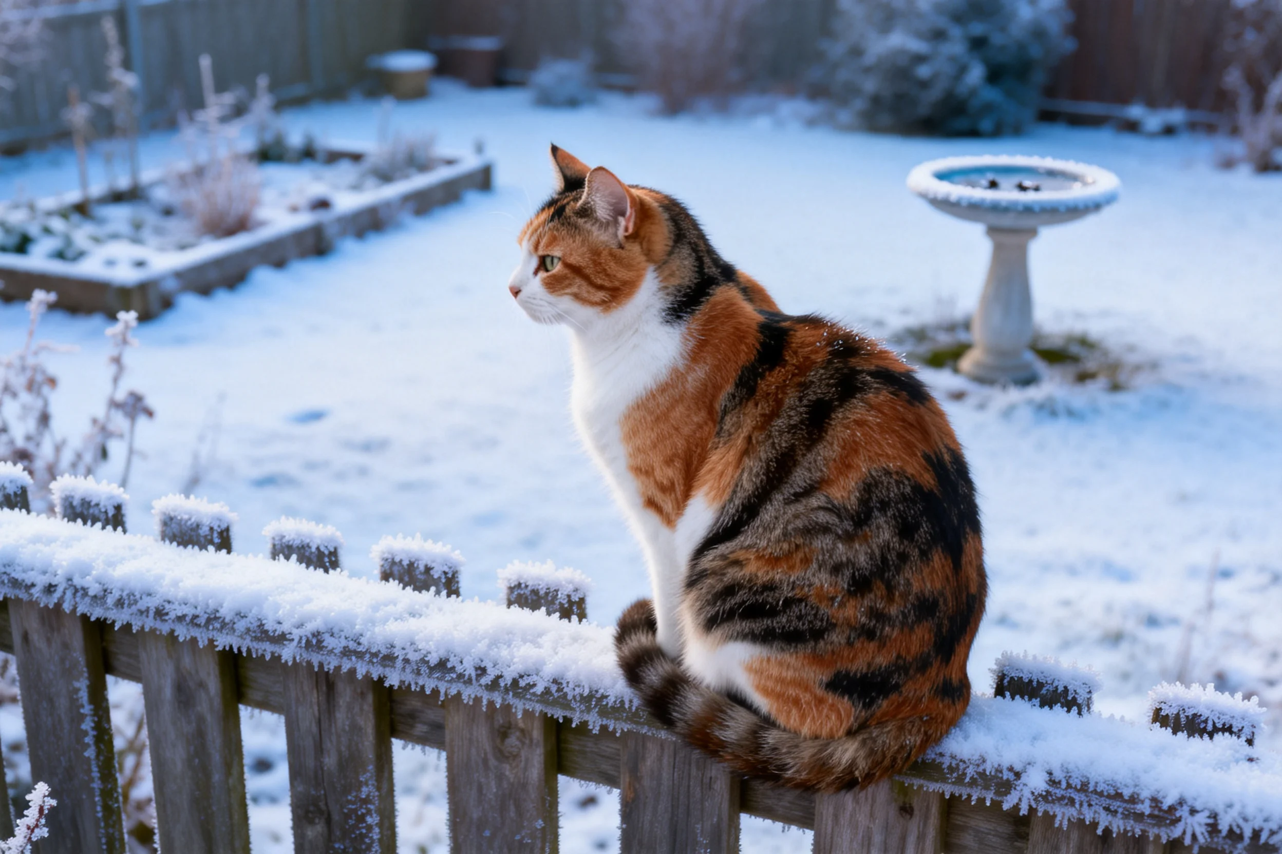 三色短毛家猫静坐于雪覆木栅栏上,橙黑白相间的毛发与雪景形成鲜明对比。