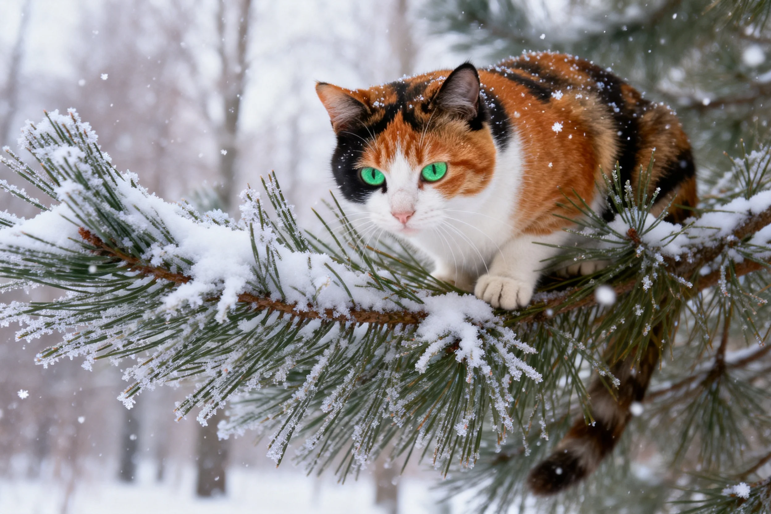 三色短毛家猫趴在覆雪的松枝上，绿色眼眸明亮，毛发蓬松有光泽。