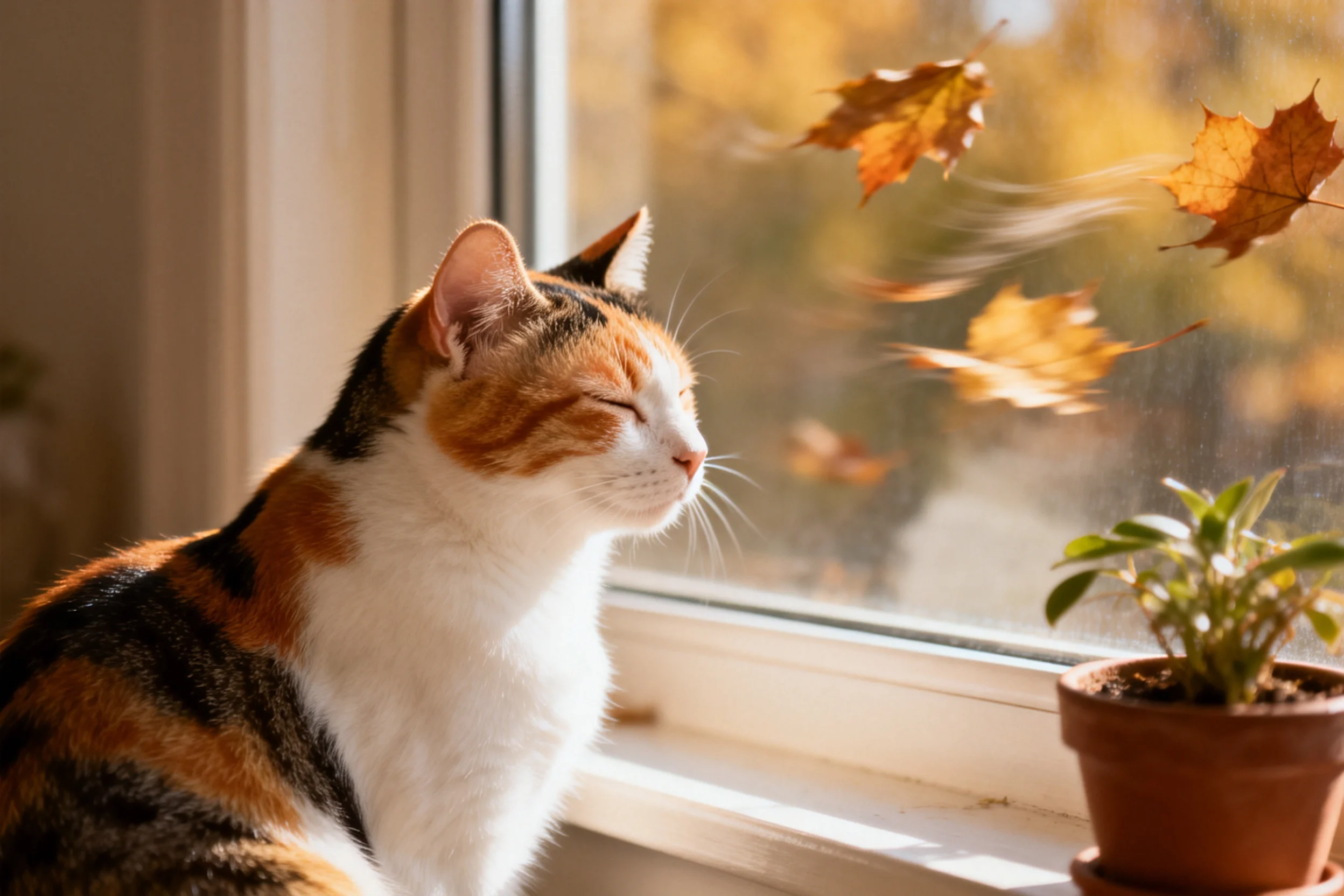 三色短毛猫安静凝视窗外,身上橘白黑相间的毛发清晰可见。