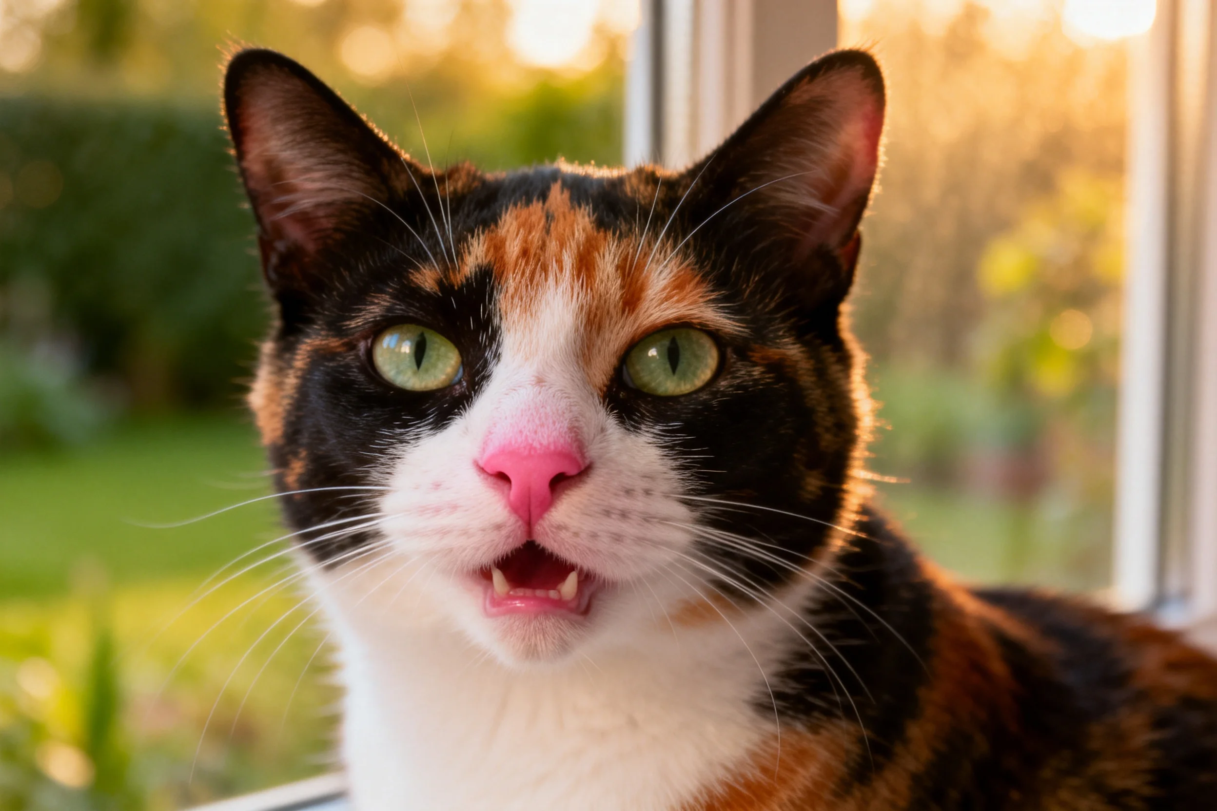 三色短毛猫有着黑白橙相间的毛发和绿色眼睛,粉色鼻头清晰可见。
