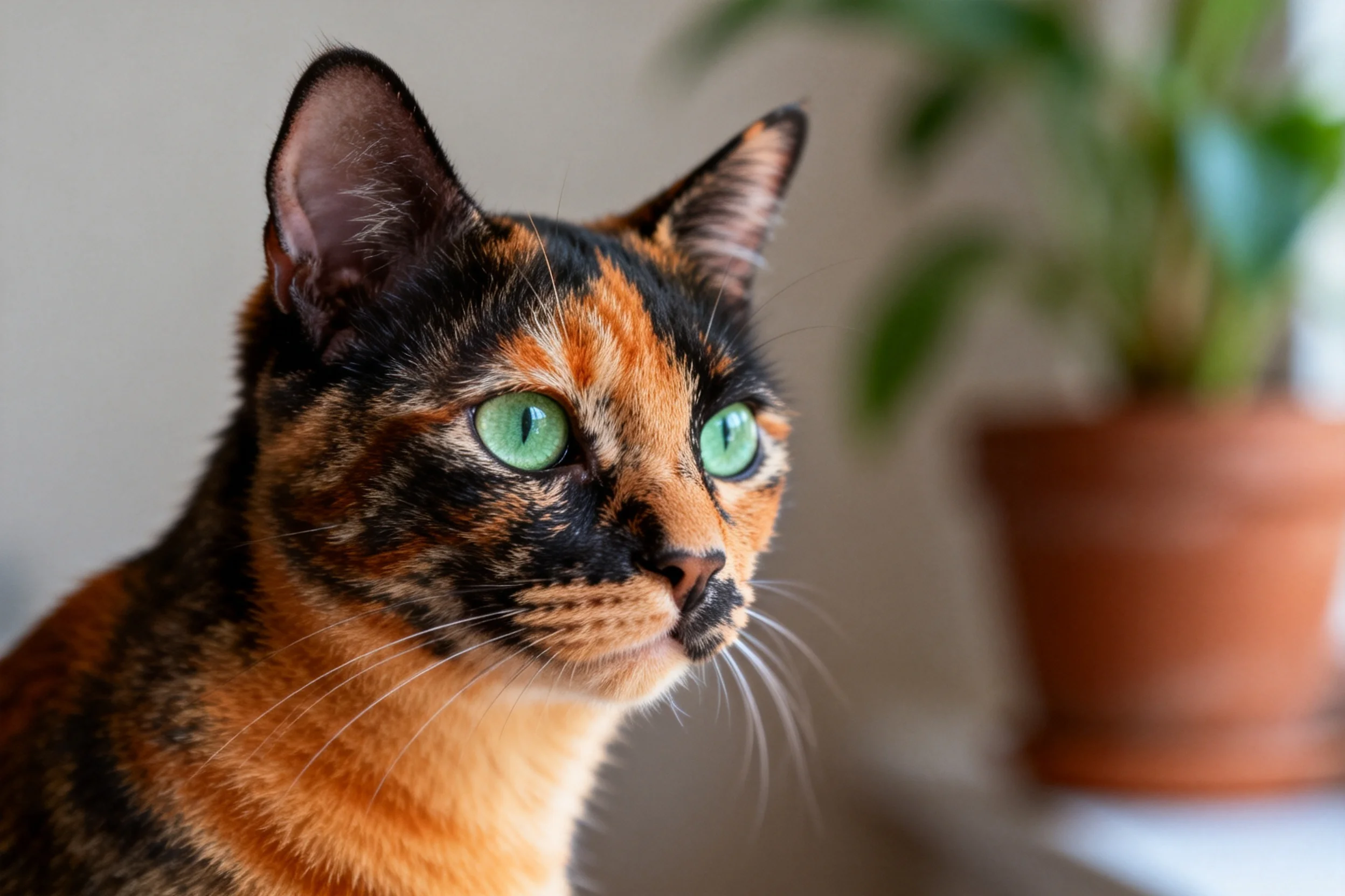 玳瑁猫拥有绿色眼眸,毛发呈现黑橙相间的玳瑁纹理,胡须清晰可见。