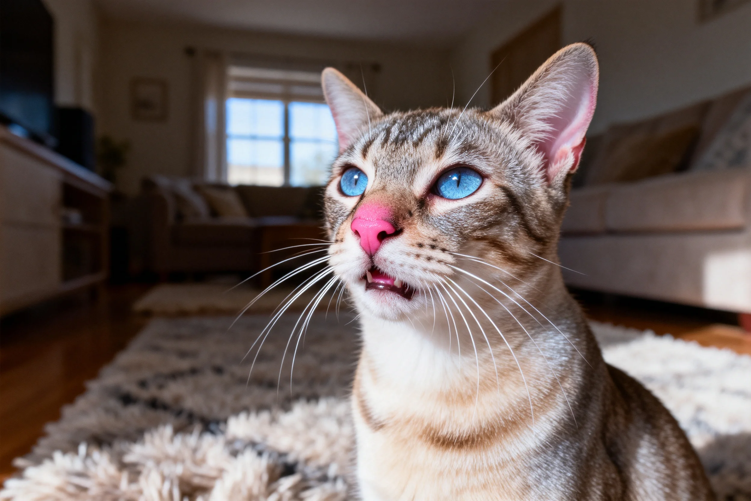 只蓝眼睛的虎斑猫正张着嘴坐在客厅地毯上,鼻子呈淡粉色,毛发短而整齐。