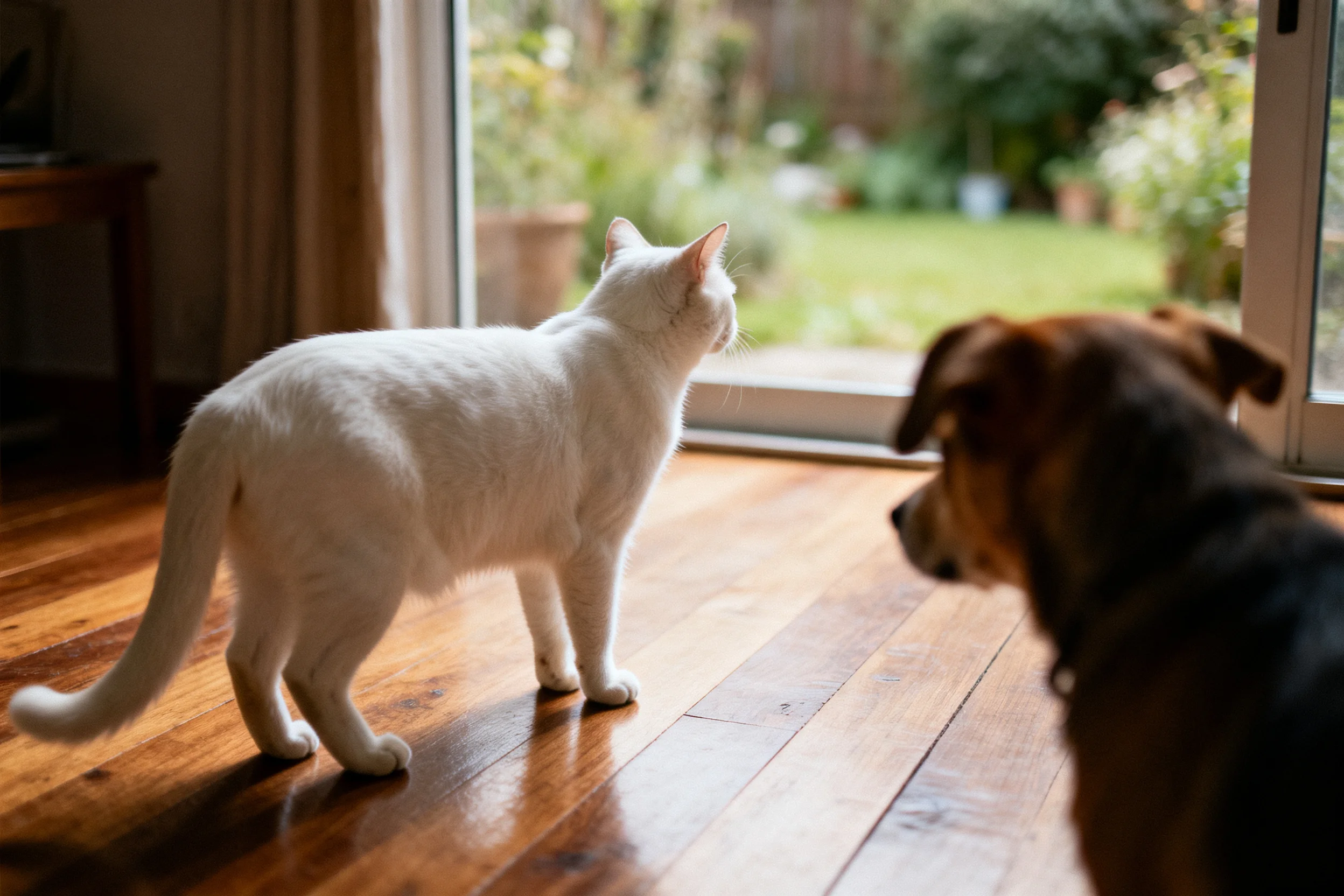 白短毛家猫与棕褐混血犬共同凝视玻璃门外,白猫短而柔顺的白色毛发清晰可见。