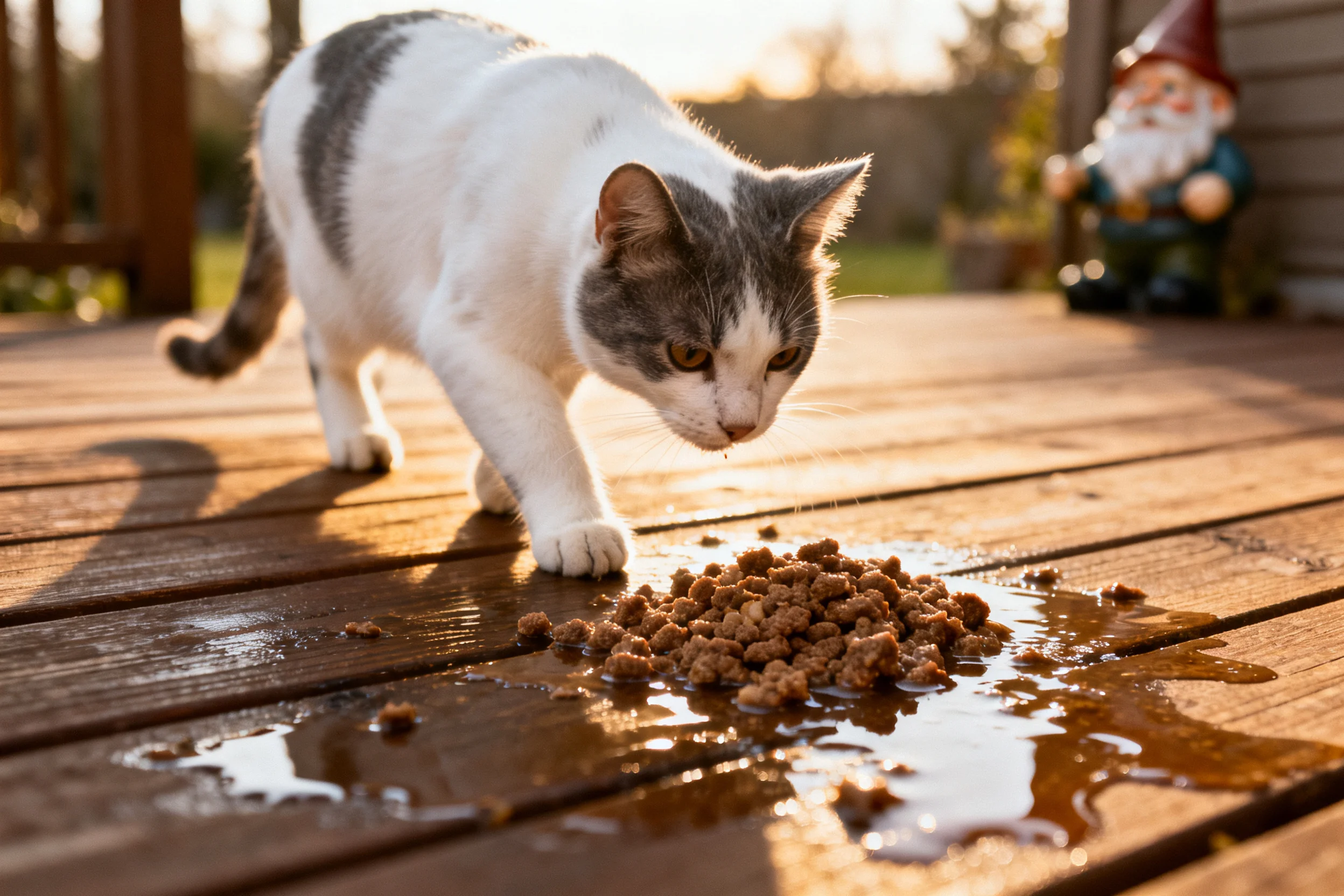 灰白相间的短毛家猫低头靠近潮湿的面的宠物食品堆,白色胸部毛发清晰可见。
