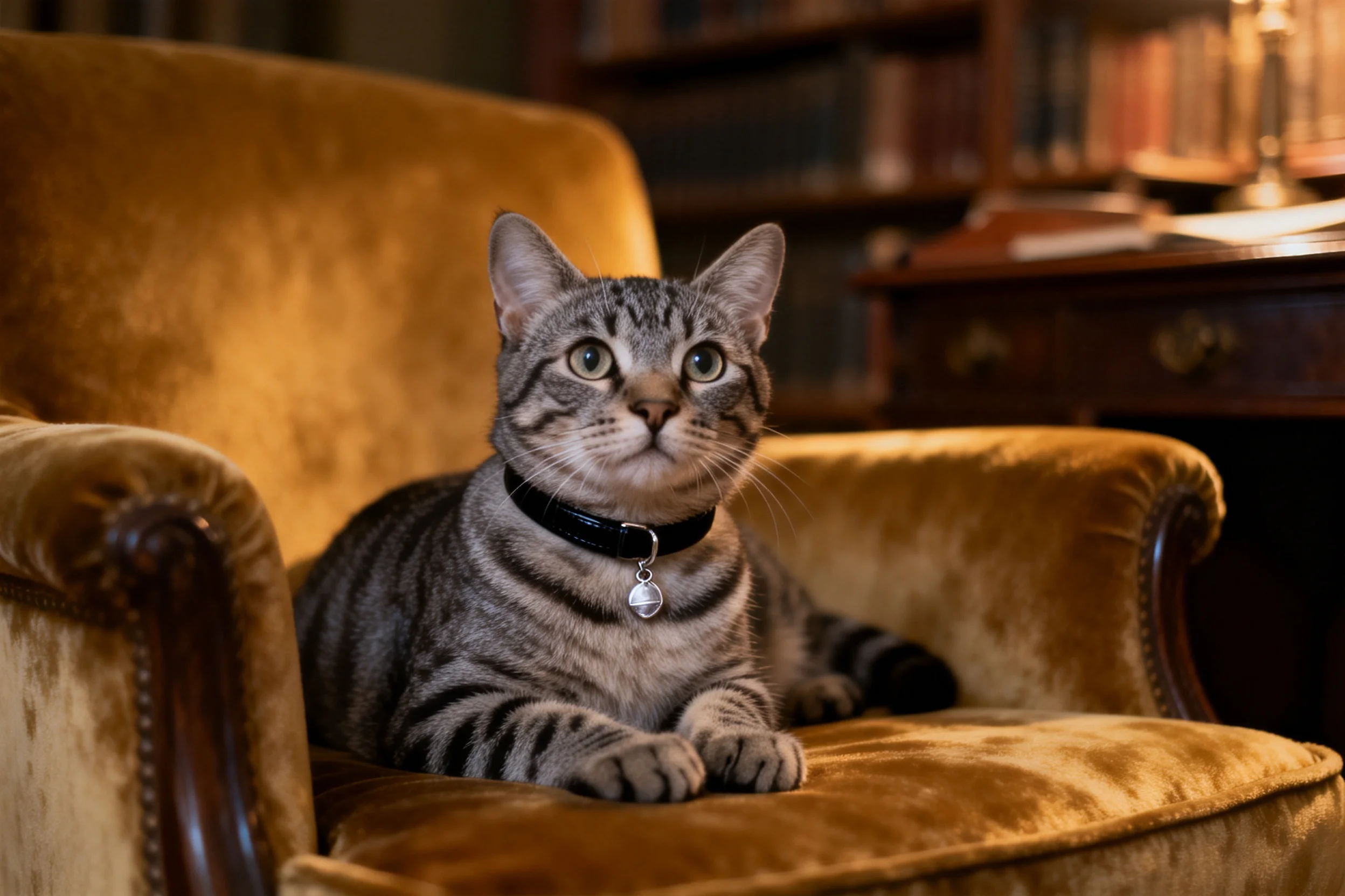 虎斑短毛猫安静地趴在暖金色绒面沙发椅上,身上虎斑条纹清晰可见。