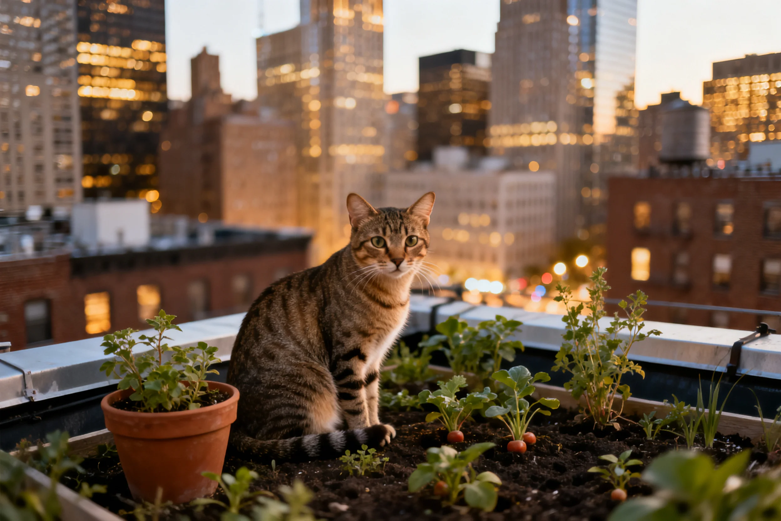 短毛虎斑猫安静地坐在屋顶菜园中,身上虎斑花纹明显,周围环绕着各类绿色植物。