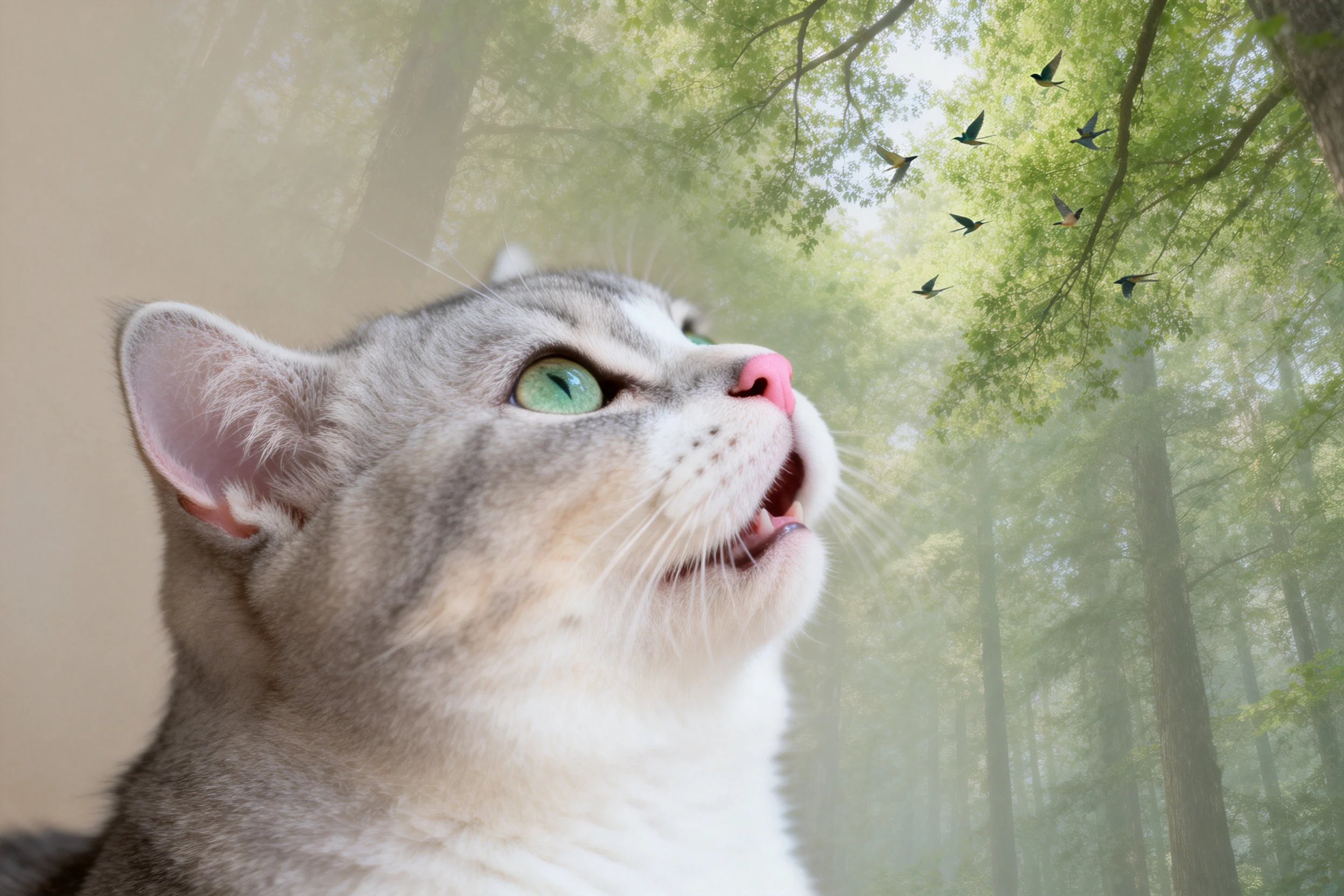 灰白短毛家猫凝视着空中飞鸟，粉红色鼻头与绿色眼睛形成鲜明对比。