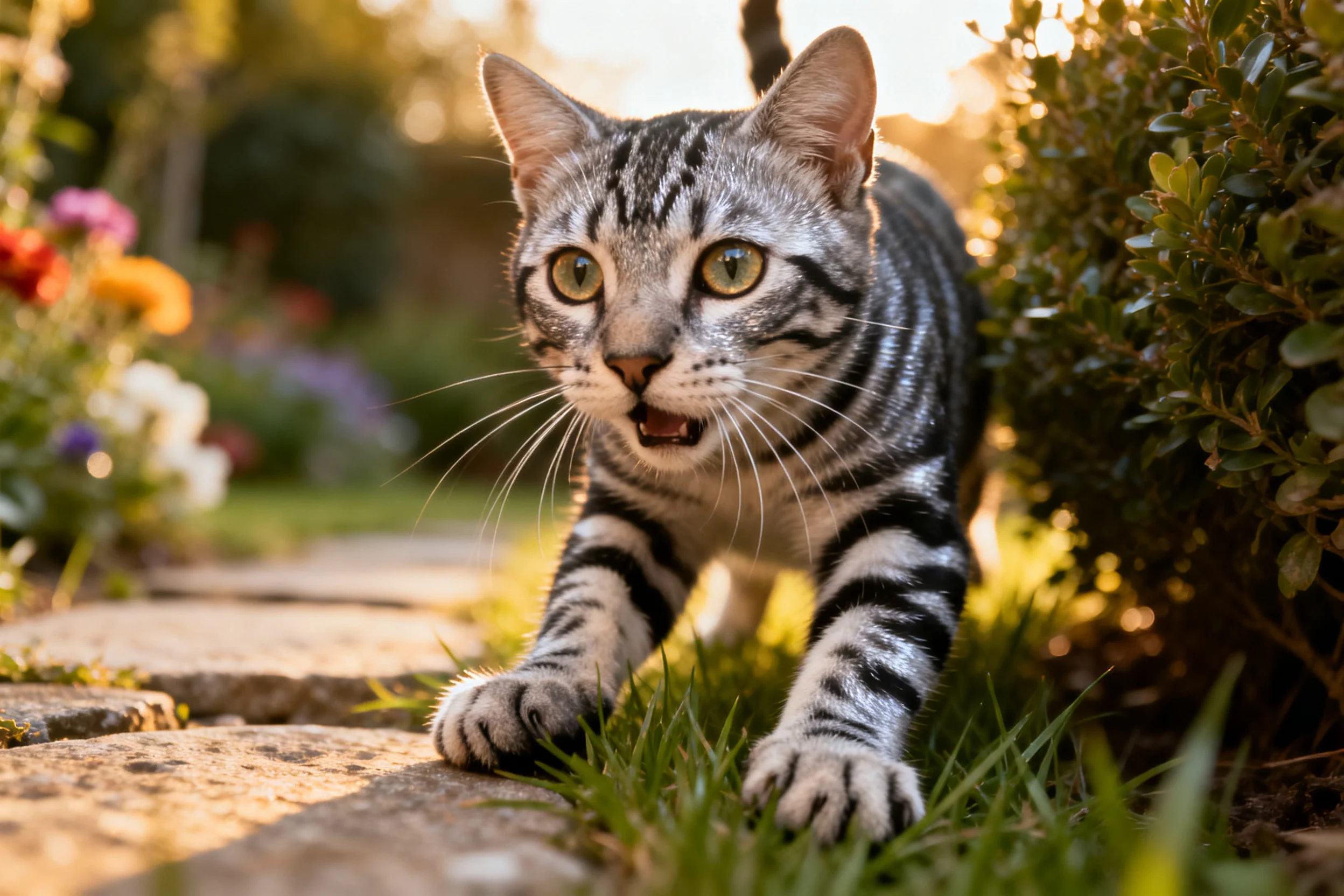 花园中的虎斑短毛猫，有着黑白相间的条纹皮毛，前爪轻触草地边缘。