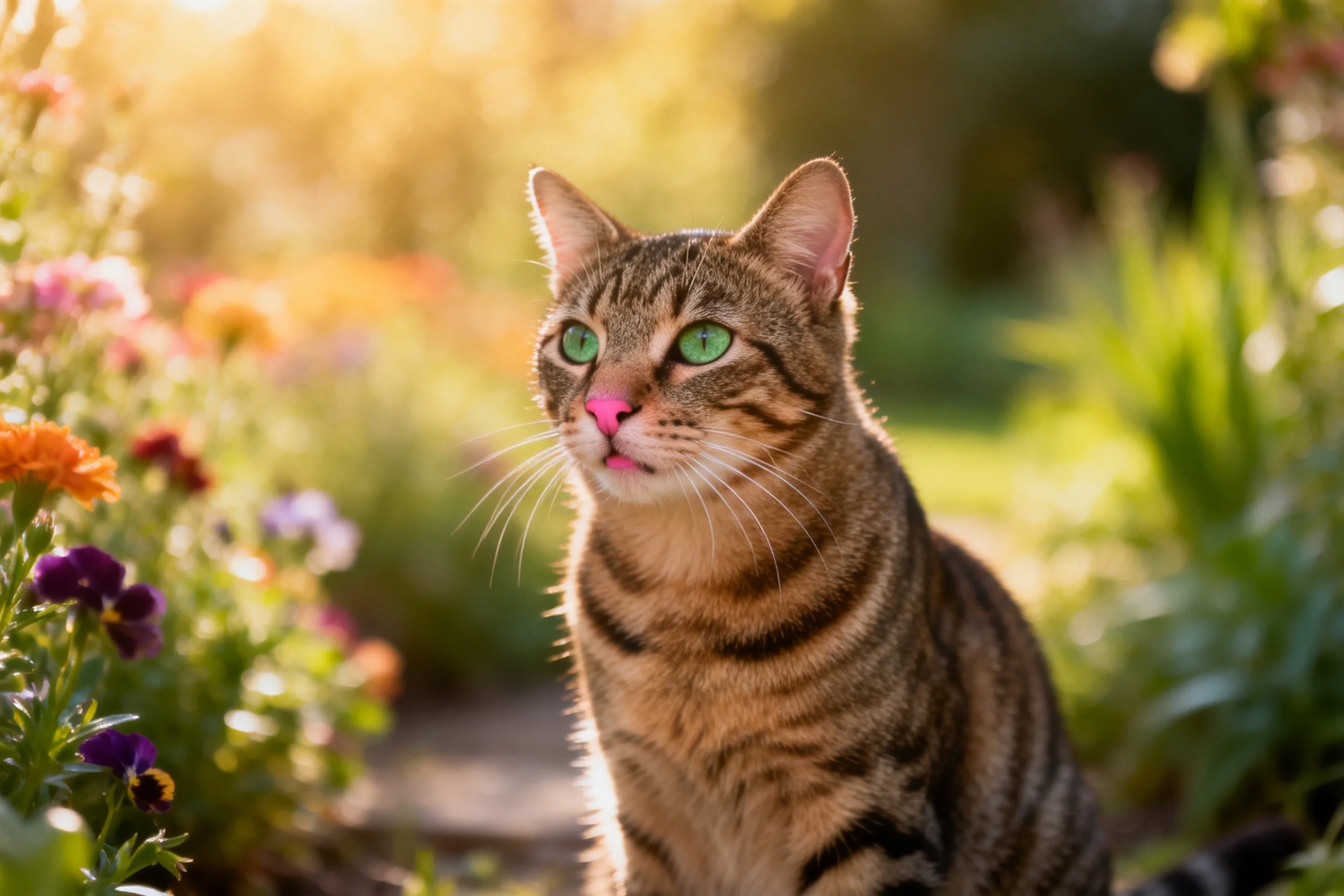 花园中一只有着绿色眼眸和虎斑花纹的短毛猫正安静地凝视着远方。
