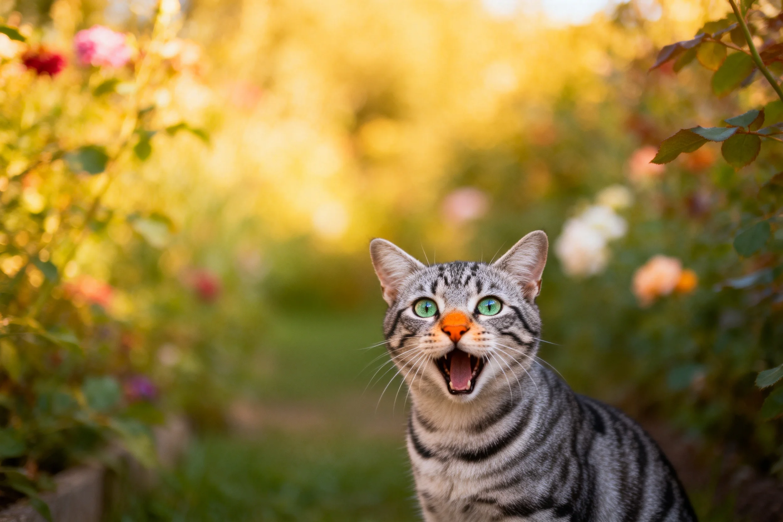 一只短毛虎斑猫,有着黑白相间的条纹和橙色鼻头,正张嘴观察周围环境。