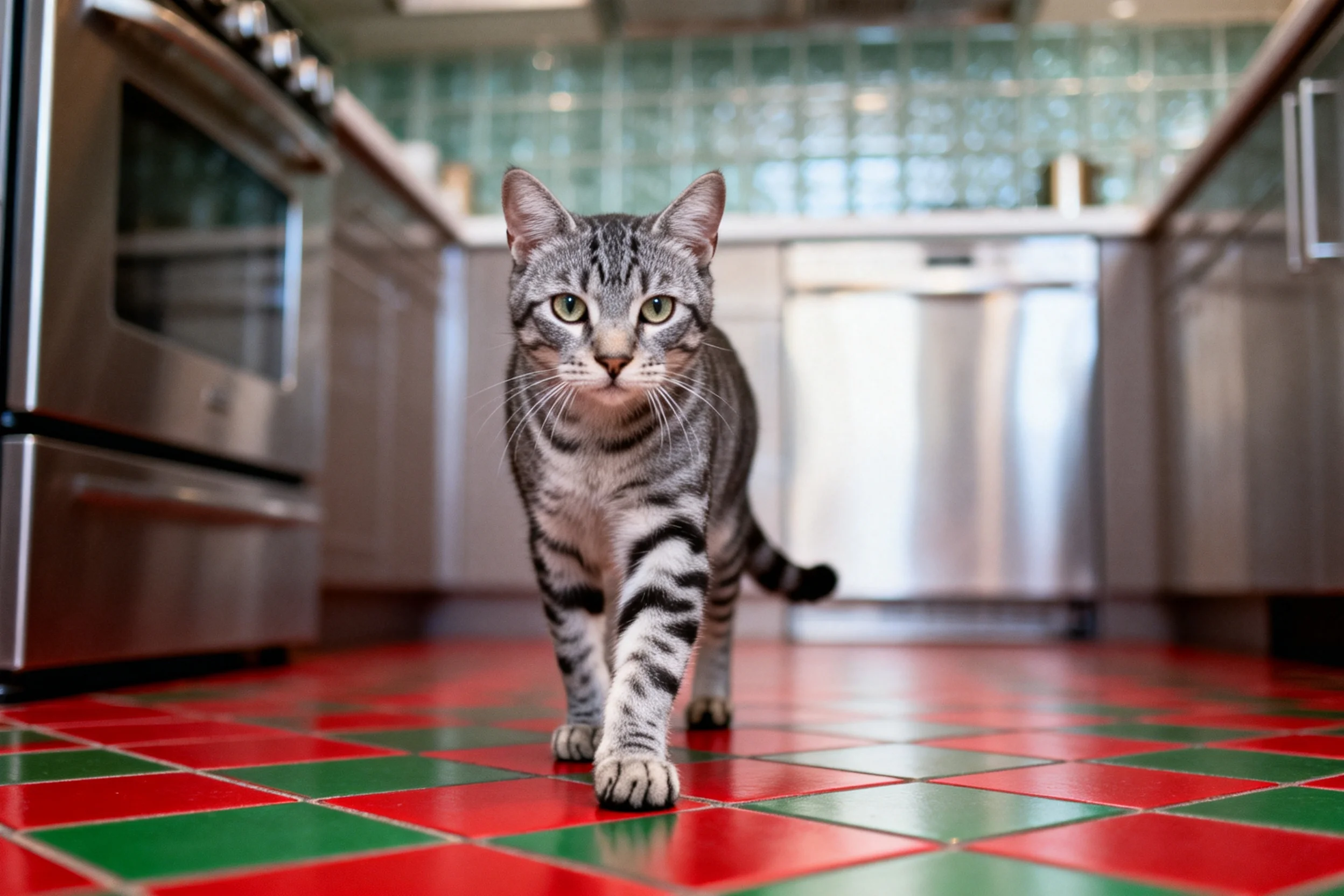 短毛虎斑猫正向前迈步,黑灰虎斑花纹清晰,前爪触碰红绿色瓷砖地面。