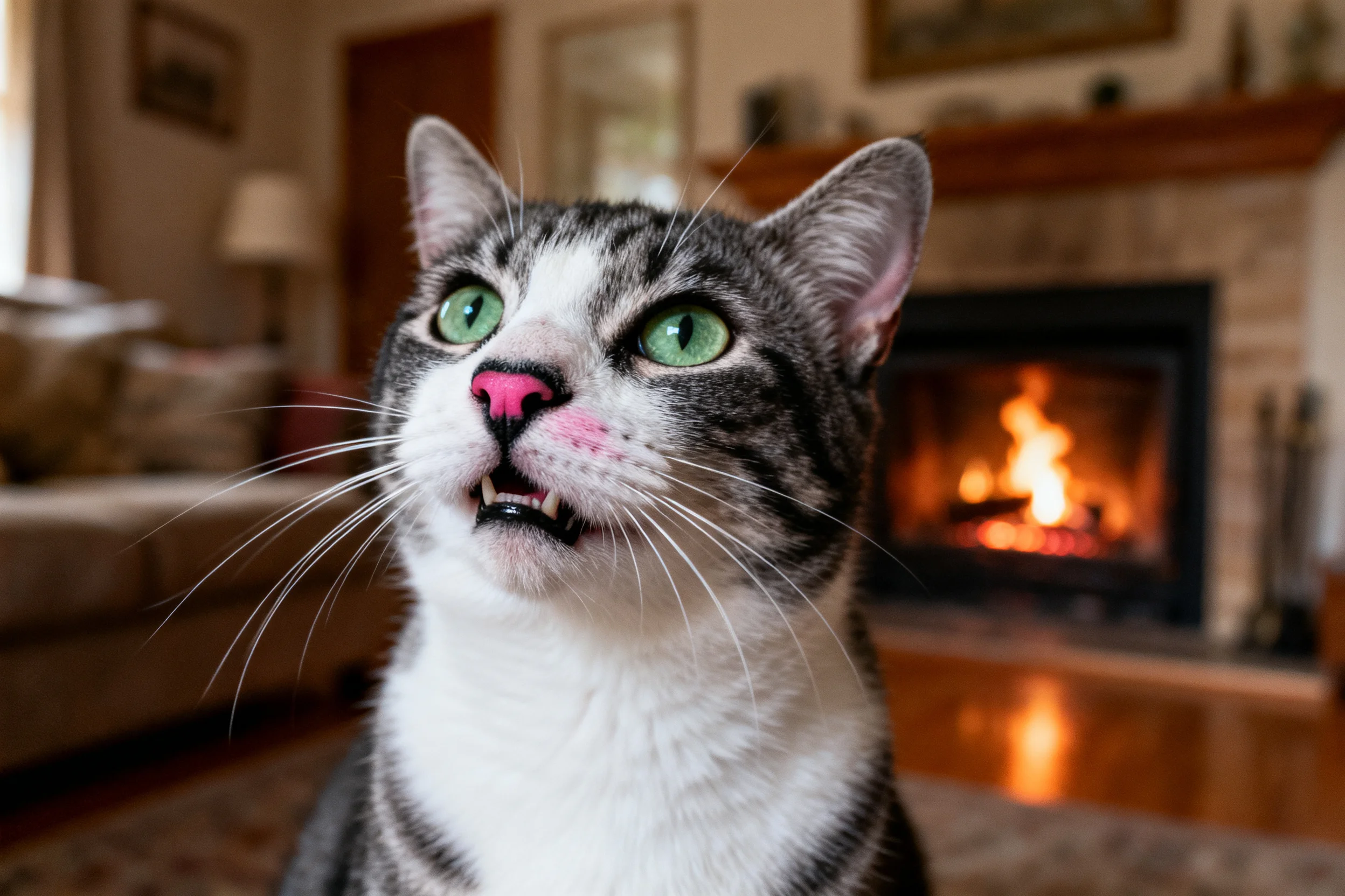 一只短毛家猫,拥有灰白相间的被毛和绿色眼睛,嘴巴张开露出牙齿。