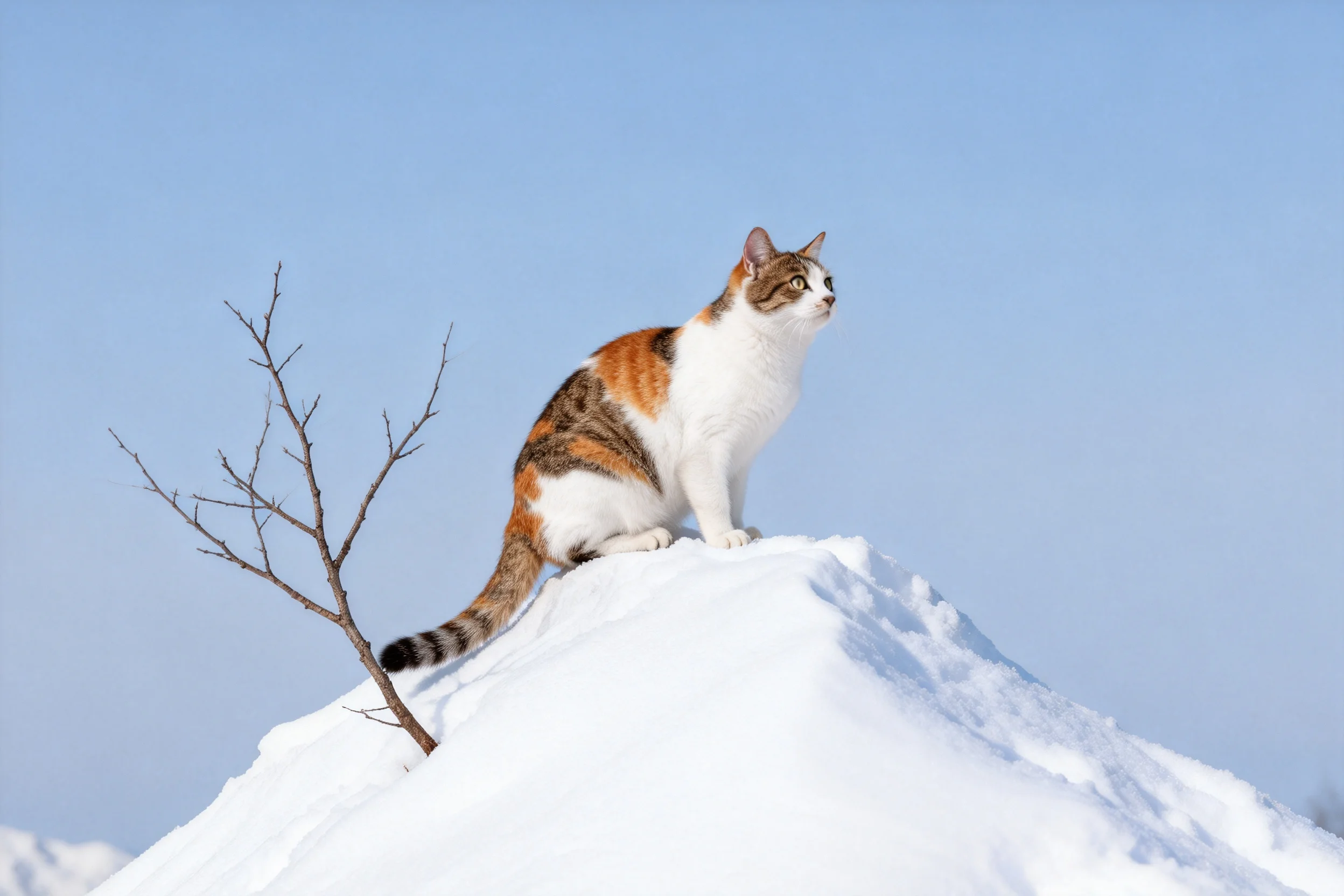 三色短毛家猫静立雪丘,橙白褐相间的被毛在雪地环境中清晰可见。