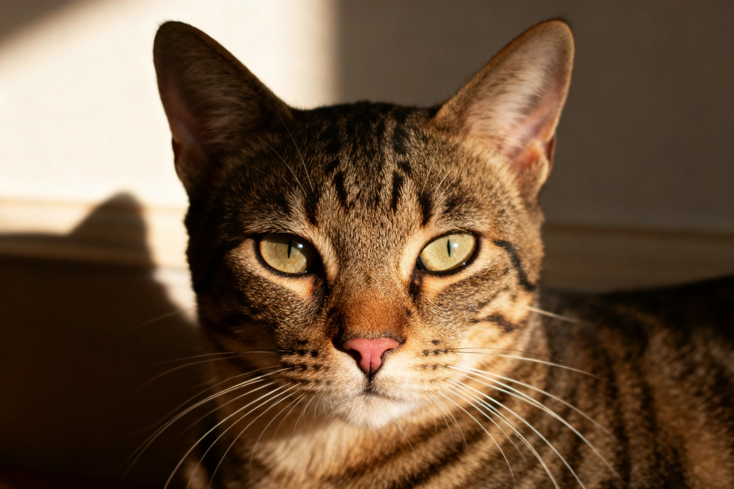 短毛虎斑猫安静坐着,浅绿色眼睛明亮,皮毛带有清晰虎斑纹理。