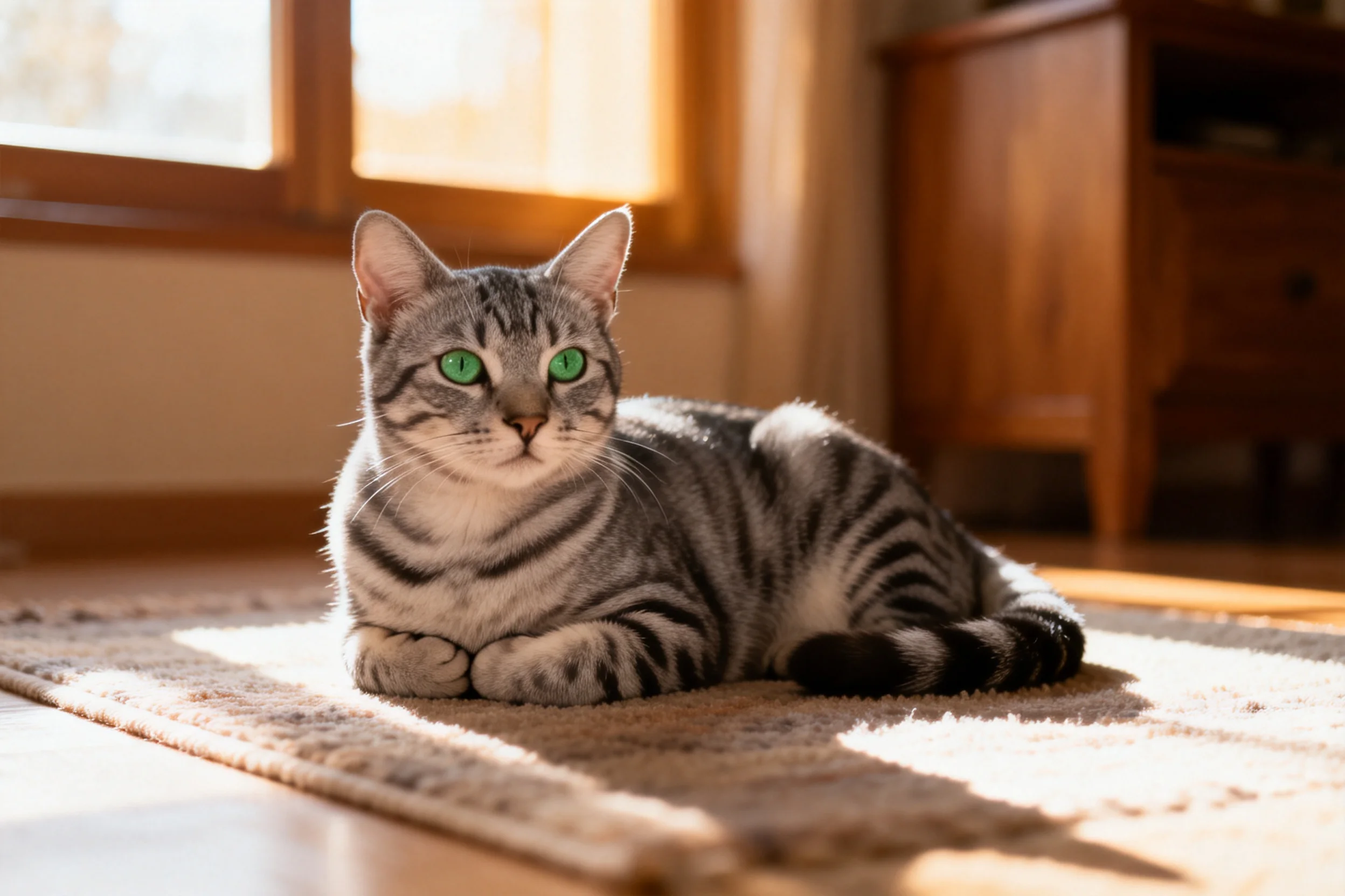 银虎斑短毛猫趴在浅色地毯上,拥有绿色眼睛和清晰虎斑纹路,姿态放松。