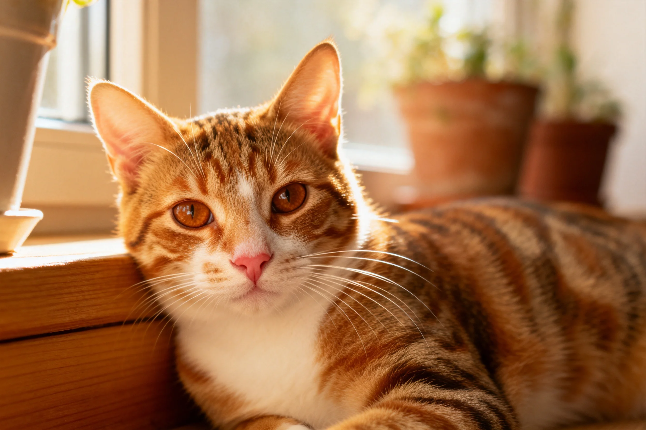 橘色短毛虎斑猫安静趴在窗沿处，皮毛呈现典型橙棕色条纹，毛发柔软蓬松。
